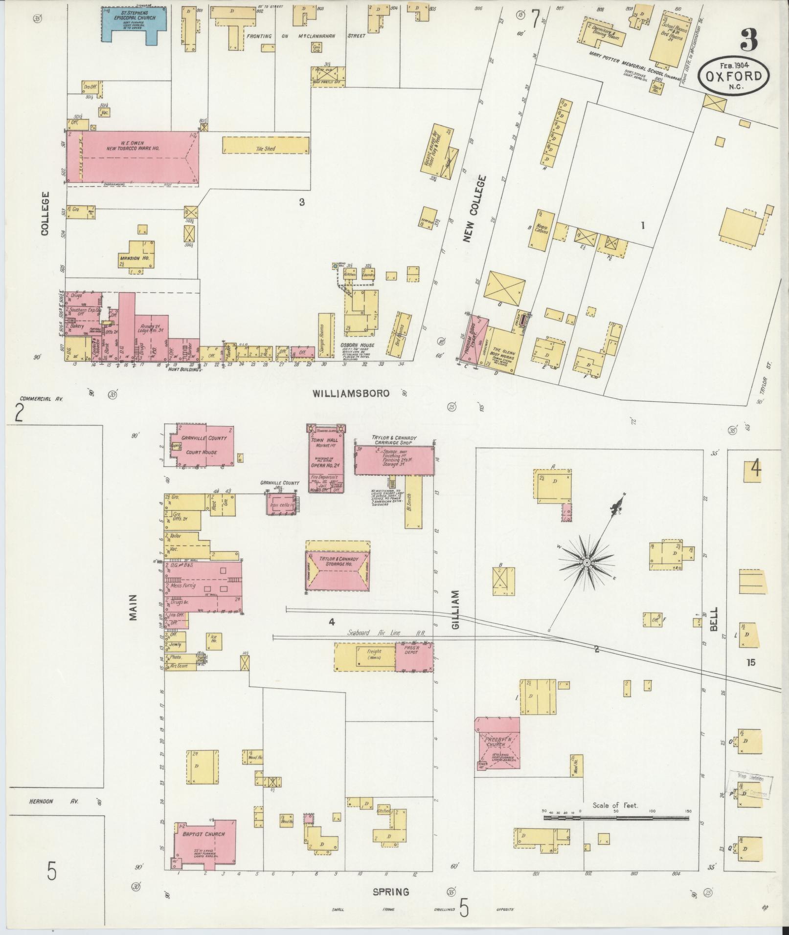 Sanborn Fire Insurance Map from Oxford, Granville County, North Carolina (1904), Sheet #0003 - Complete Map Set gallery image, historic Sanborn map, vintage wall art, North Carolina North Carolina