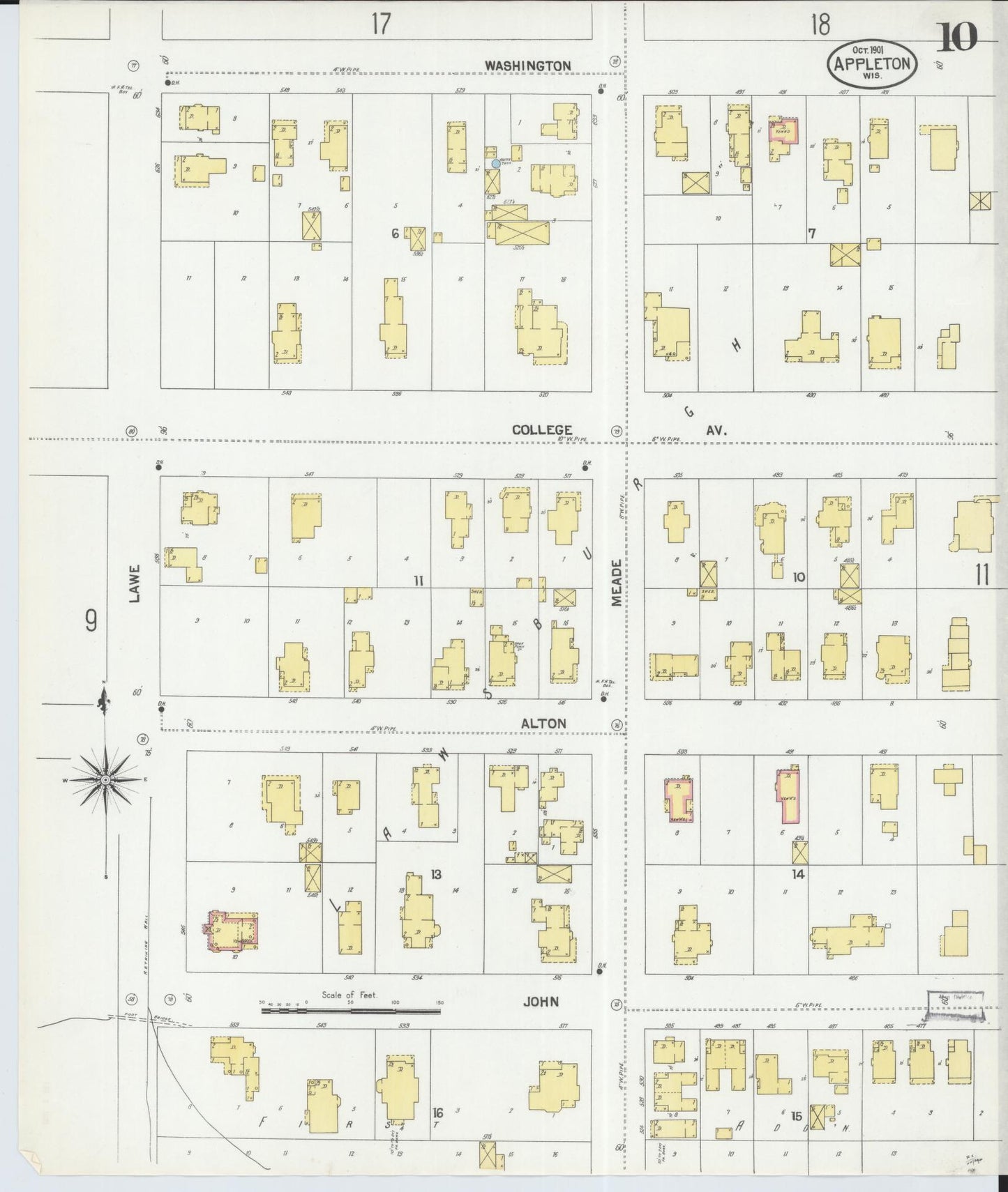 Sanborn Fire Insurance Map from Appleton, Outagamie County, Wisconsin (1901), Sheet #0010 - Historic Sanborn Fire Insurance Map Print, vintage old map wall art, antique decor, genealogy gift, Wisconsin Wisconsin map