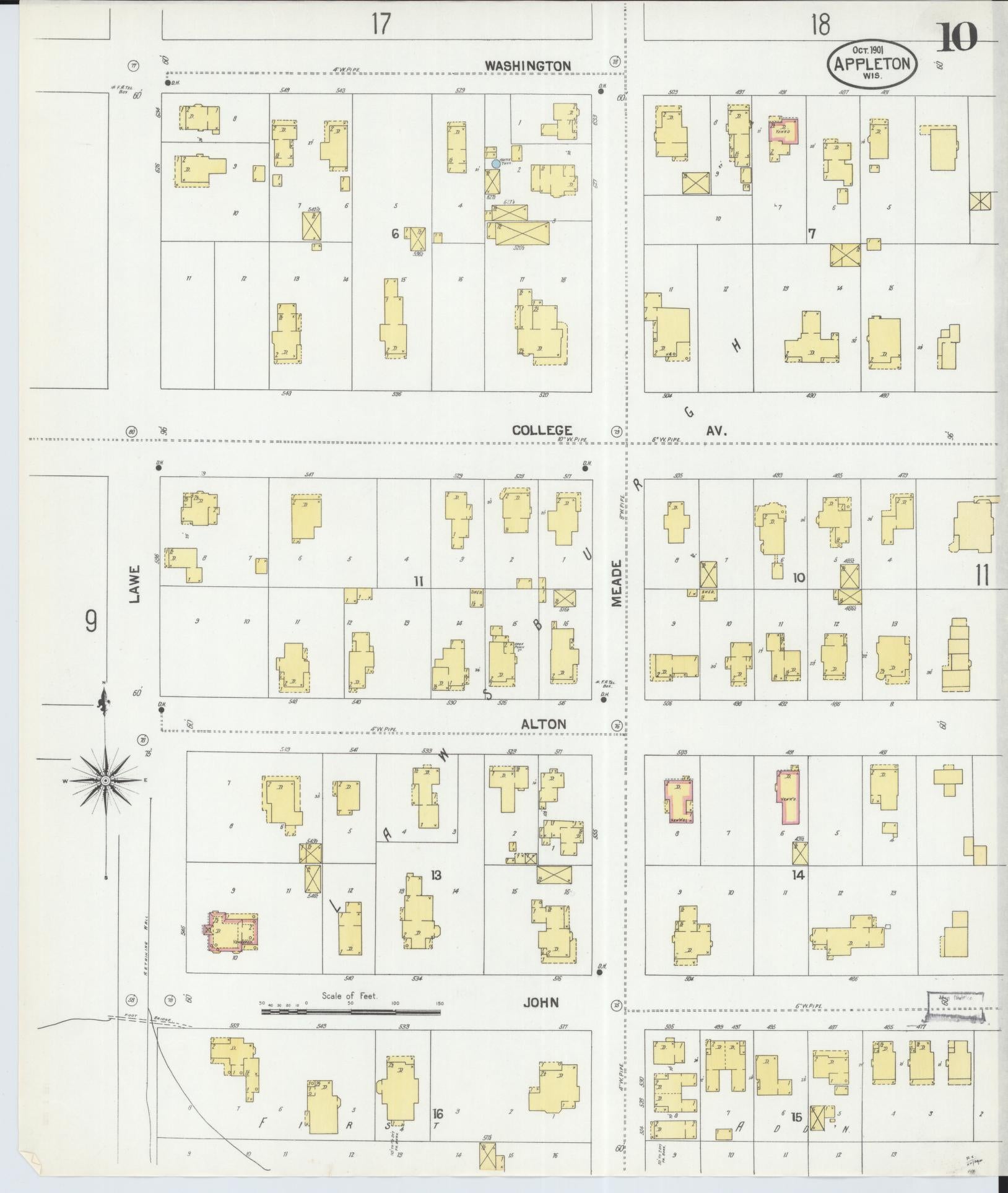 Sanborn Fire Insurance Map from Appleton, Outagamie County, Wisconsin (1901), Sheet #0010 - Historic Sanborn Fire Insurance Map Print, vintage old map wall art, antique decor, genealogy gift, Wisconsin Wisconsin map