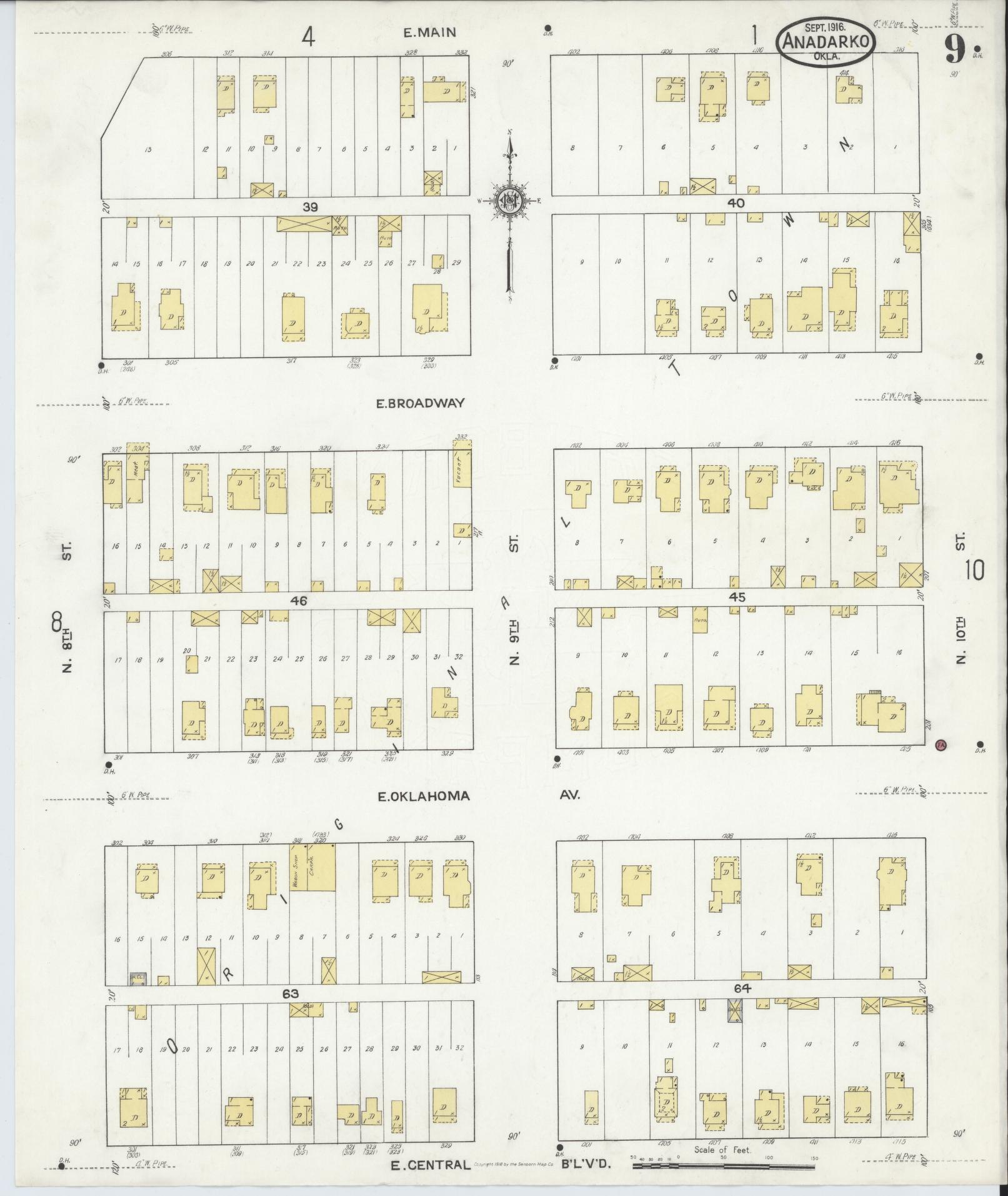 Sanborn Fire Insurance Map from Anadarko, Caddo County, Oklahoma (1916), Sheet #0009 - Historic Sanborn Fire Insurance Map Print, vintage old map wall art, antique decor, genealogy gift, Oklahoma Oklahoma map