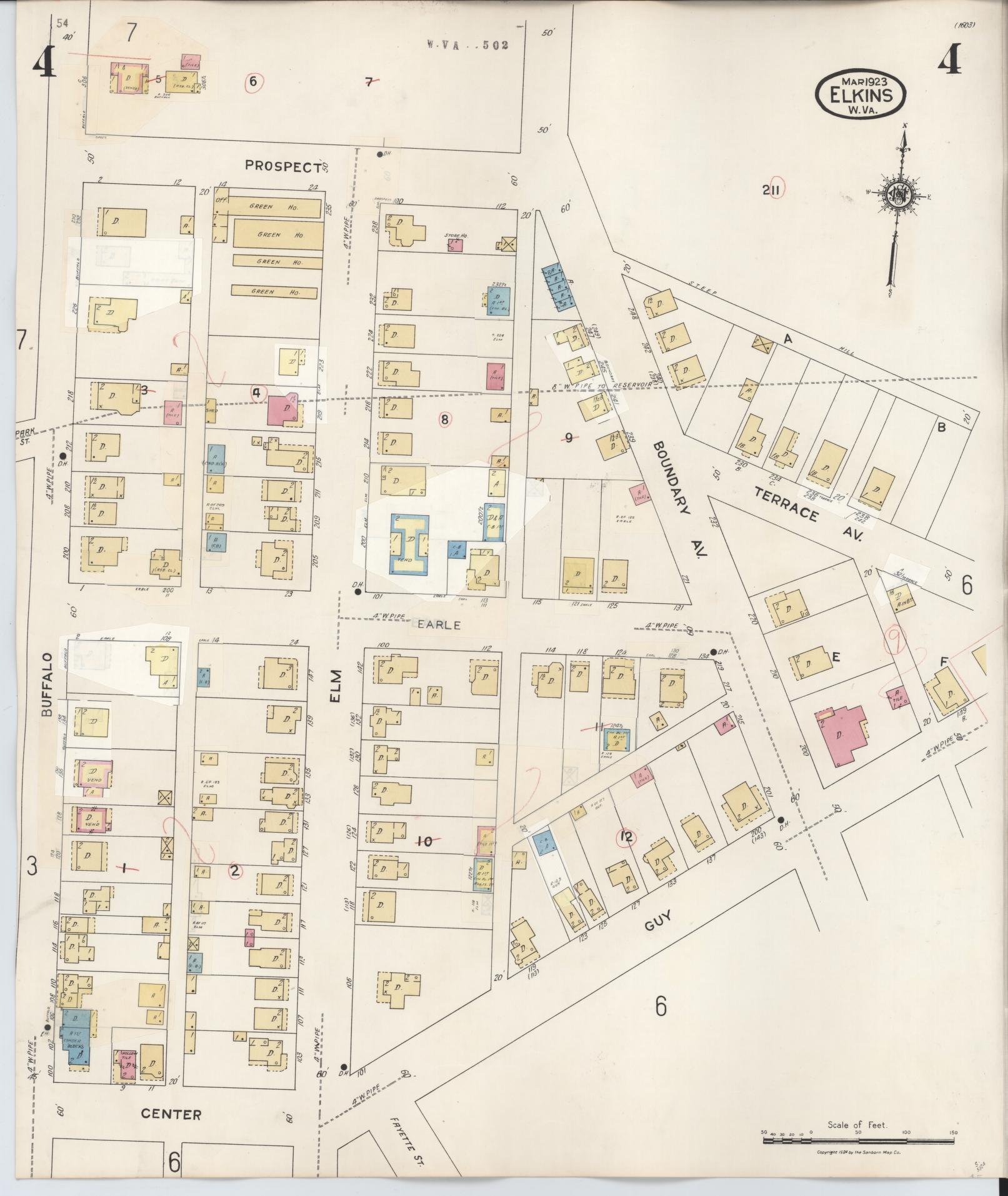 Sanborn Fire Insurance Map from Elkins, Randolph County, West Virginia (1950), Sheet #0004 - Historic Sanborn Fire Insurance Map Print, vintage old map wall art, antique decor, genealogy gift, West Virginia West Virginia map