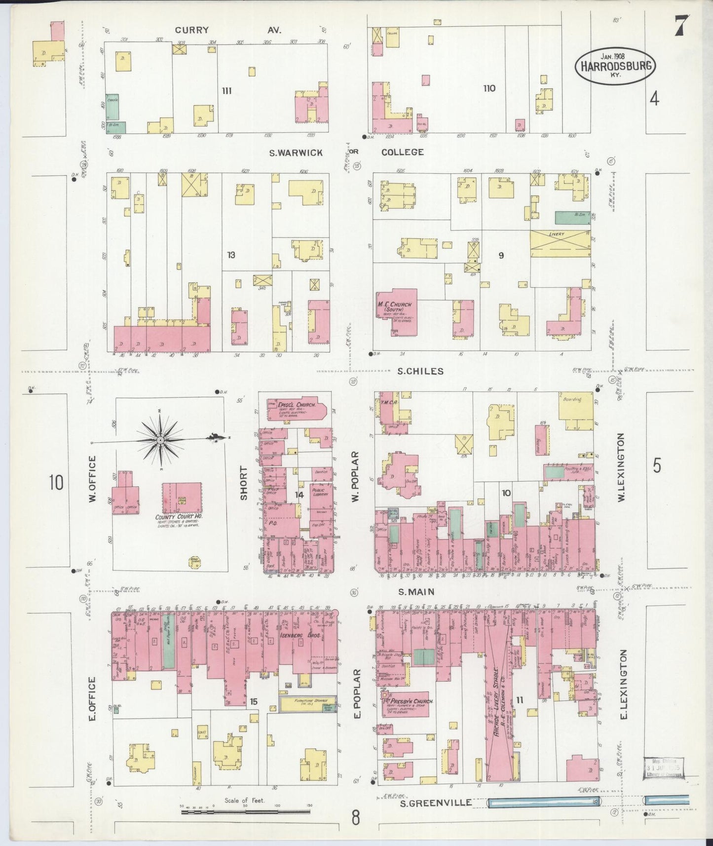 Sanborn Fire Insurance Map from Harrodsburg, Mercer County, Kentucky (1908), Sheet #0007 - Historic Sanborn Fire Insurance Map Print, vintage old map wall art, antique decor, genealogy gift, Kentucky Kentucky map