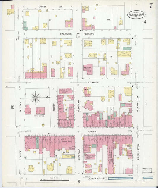 Sanborn Fire Insurance Map from Harrodsburg, Mercer County, Kentucky (1908), Sheet #0007 - Historic Sanborn Fire Insurance Map Print, vintage old map wall art, antique decor, genealogy gift, Kentucky Kentucky map