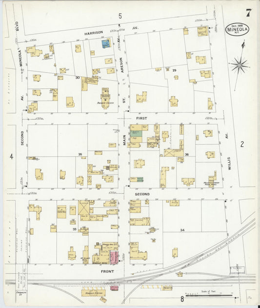 Sanborn Fire Insurance Map from Mineola, Nassau County, New York (1908), Sheet #0007 - Historic Sanborn Fire Insurance Map Print, vintage old map wall art, antique decor, genealogy gift, New York New York map