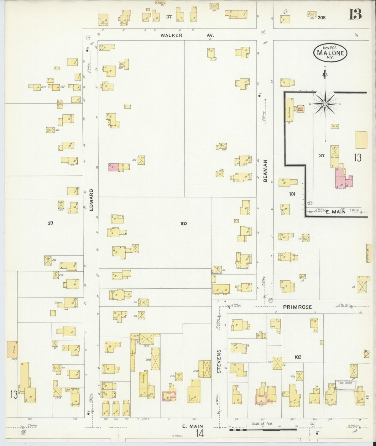 Sanborn Fire Insurance Map from Malone, Franklin County, New York (1908), Sheet #0013 - Complete Map Set gallery image, historic Sanborn map, vintage wall art, New York New York