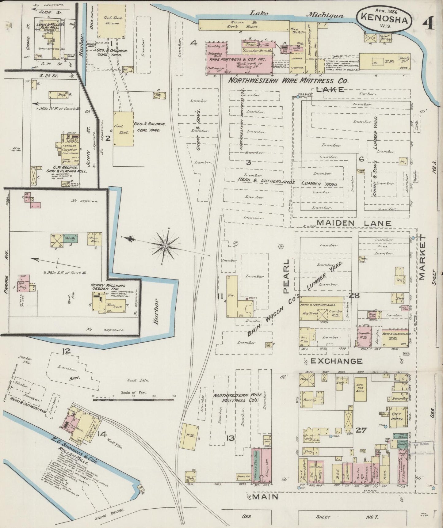 Sanborn Fire Insurance Map from Kenosha, Kenosha County, Wisconsin (1886), Sheet #0004 - Complete Map Set gallery image, historic Sanborn map, vintage wall art, Wisconsin Wisconsin