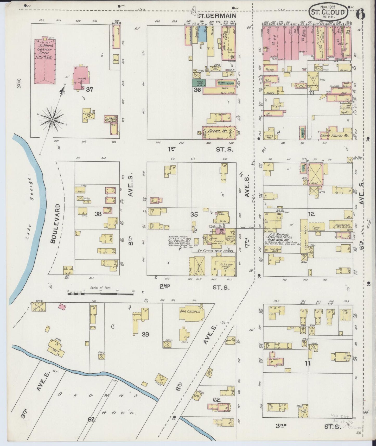 Sanborn Fire Insurance Map from Saint Cloud, Stearns, Benton, and Sherburne Counties, Minnesota (1893), Sheet #0006 - Historic Sanborn Fire Insurance Map Print, vintage old map wall art, antique decor, genealogy gift, Minnesota Minnesota map