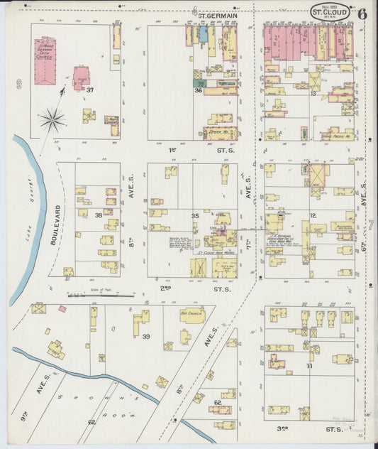 Sanborn Fire Insurance Map from Saint Cloud, Stearns, Benton, and Sherburne Counties, Minnesota (1893), Sheet #0006 - Historic Sanborn Fire Insurance Map Print, vintage old map wall art, antique decor, genealogy gift, Minnesota Minnesota map