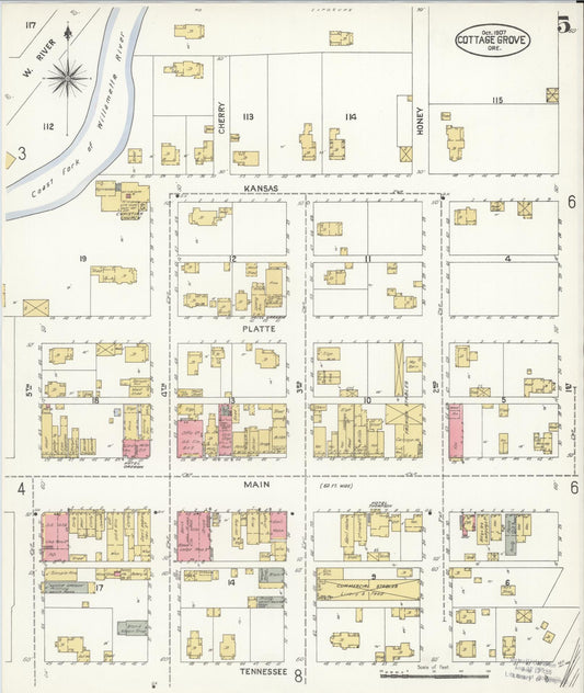 Sanborn Fire Insurance Map from Cottage Grove, Lane County, Oregon (1907), Sheet #0005 - Historic Sanborn Fire Insurance Map Print, vintage old map wall art, antique decor, genealogy gift, Oregon Oregon map
