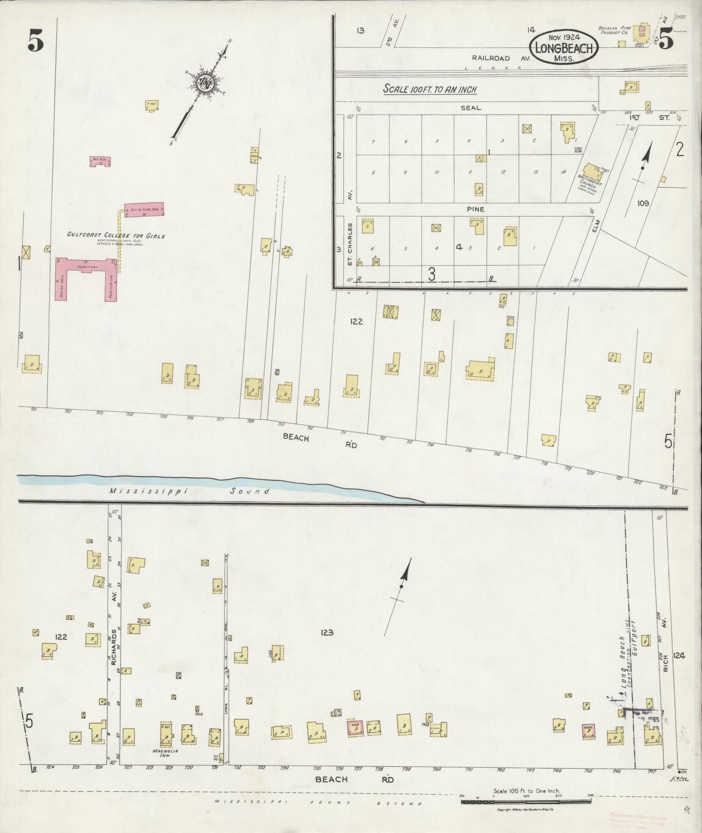 Sanborn Fire Insurance Map from Long Beach, Harrison County, Mississippi (1924), Sheet #0005 - Historic Sanborn Fire Insurance Map Print, vintage old map wall art, antique decor, genealogy gift, Mississippi Mississippi map