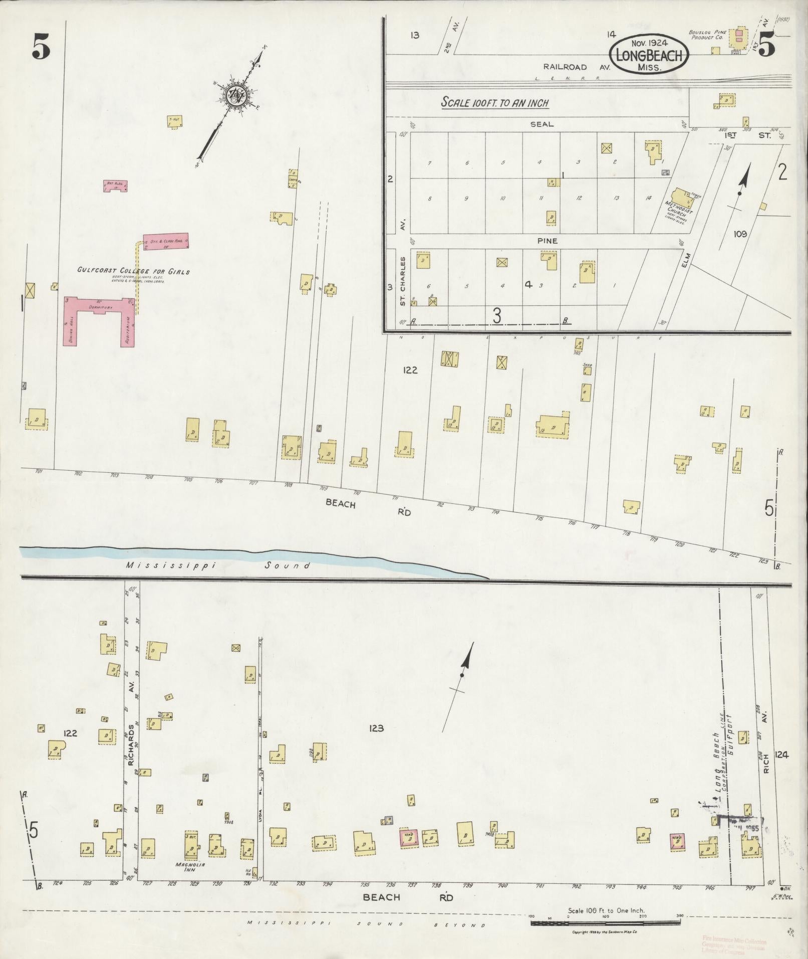 Sanborn Fire Insurance Map from Long Beach, Harrison County, Mississippi (1924), Sheet #0005 - Historic Sanborn Fire Insurance Map Print, vintage old map wall art, antique decor, genealogy gift, Mississippi Mississippi map