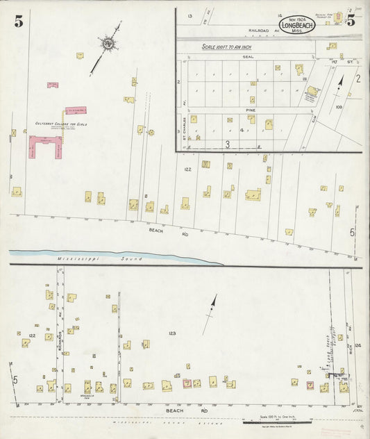 Sanborn Fire Insurance Map from Long Beach, Harrison County, Mississippi (1924), Sheet #0005 - Historic Sanborn Fire Insurance Map Print, vintage old map wall art, antique decor, genealogy gift, Mississippi Mississippi map