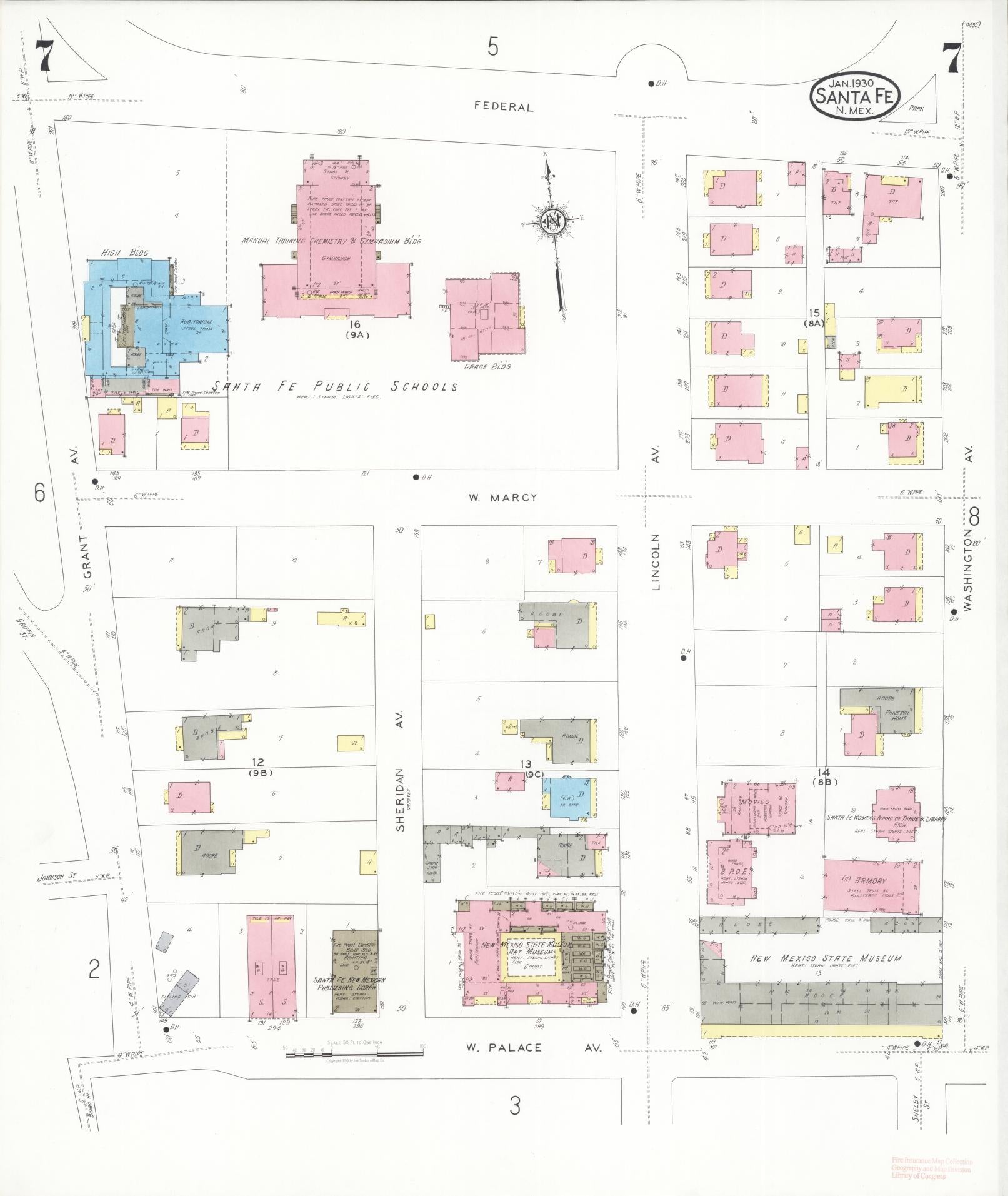 Sanborn Fire Insurance Map from Santa Fe, Santa Fe County, New Mexico (1930), Sheet #0007 - Historic Sanborn Fire Insurance Map Print, vintage old map wall art, antique decor, genealogy gift, New Mexico New Mexico map