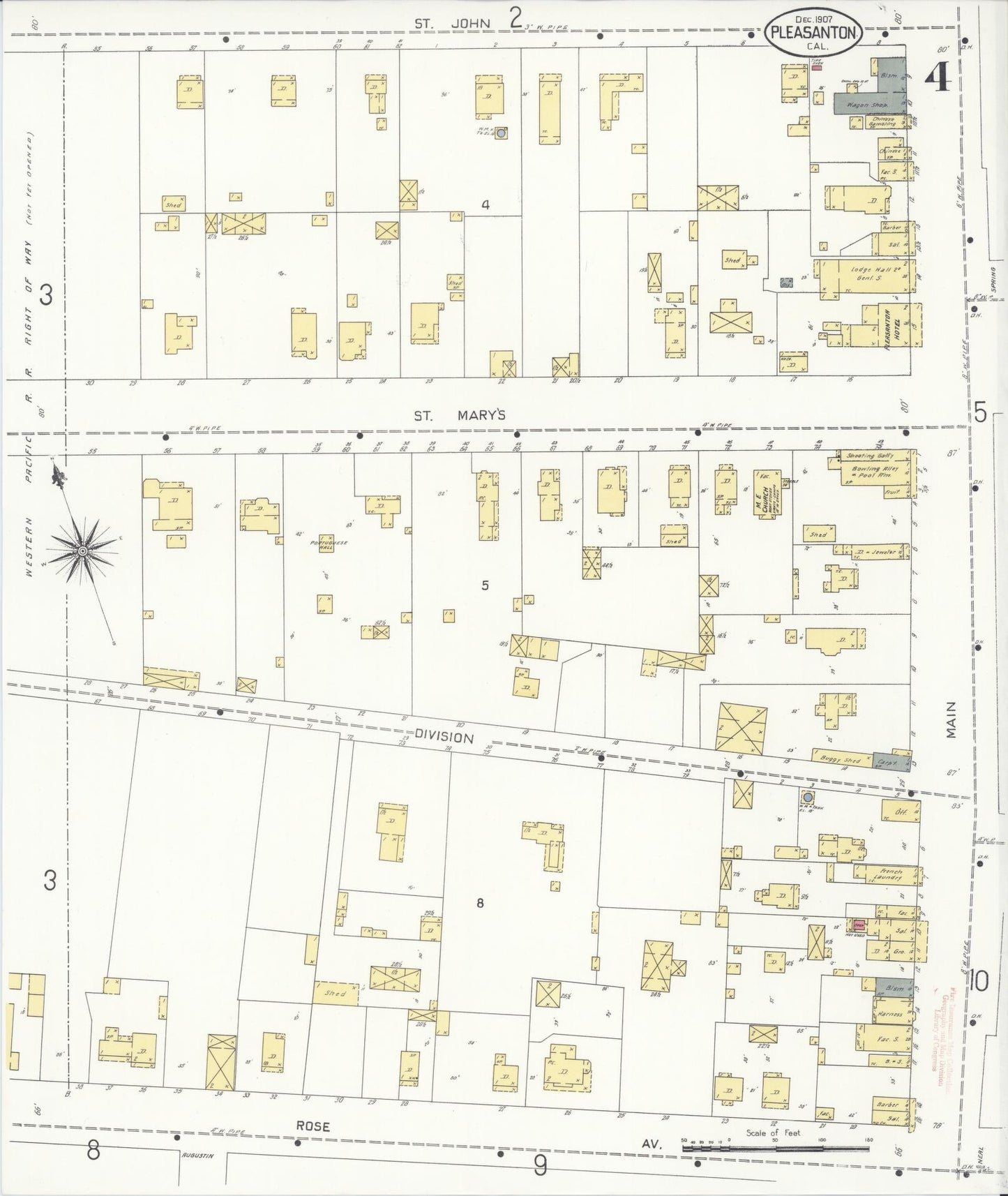 Sanborn Fire Insurance Map from Pleasanton, Alameda County, California (1907), Sheet #0004 - Complete Map Set gallery image, historic Sanborn map, vintage wall art, California California