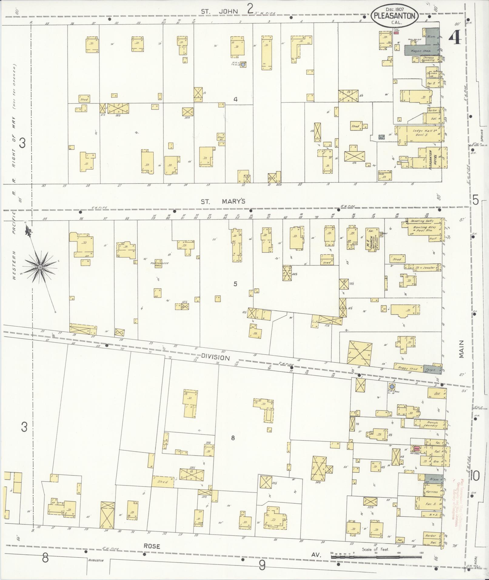 Sanborn Fire Insurance Map from Pleasanton, Alameda County, California (1907), Sheet #0004 - Complete Map Set gallery image, historic Sanborn map, vintage wall art, California California