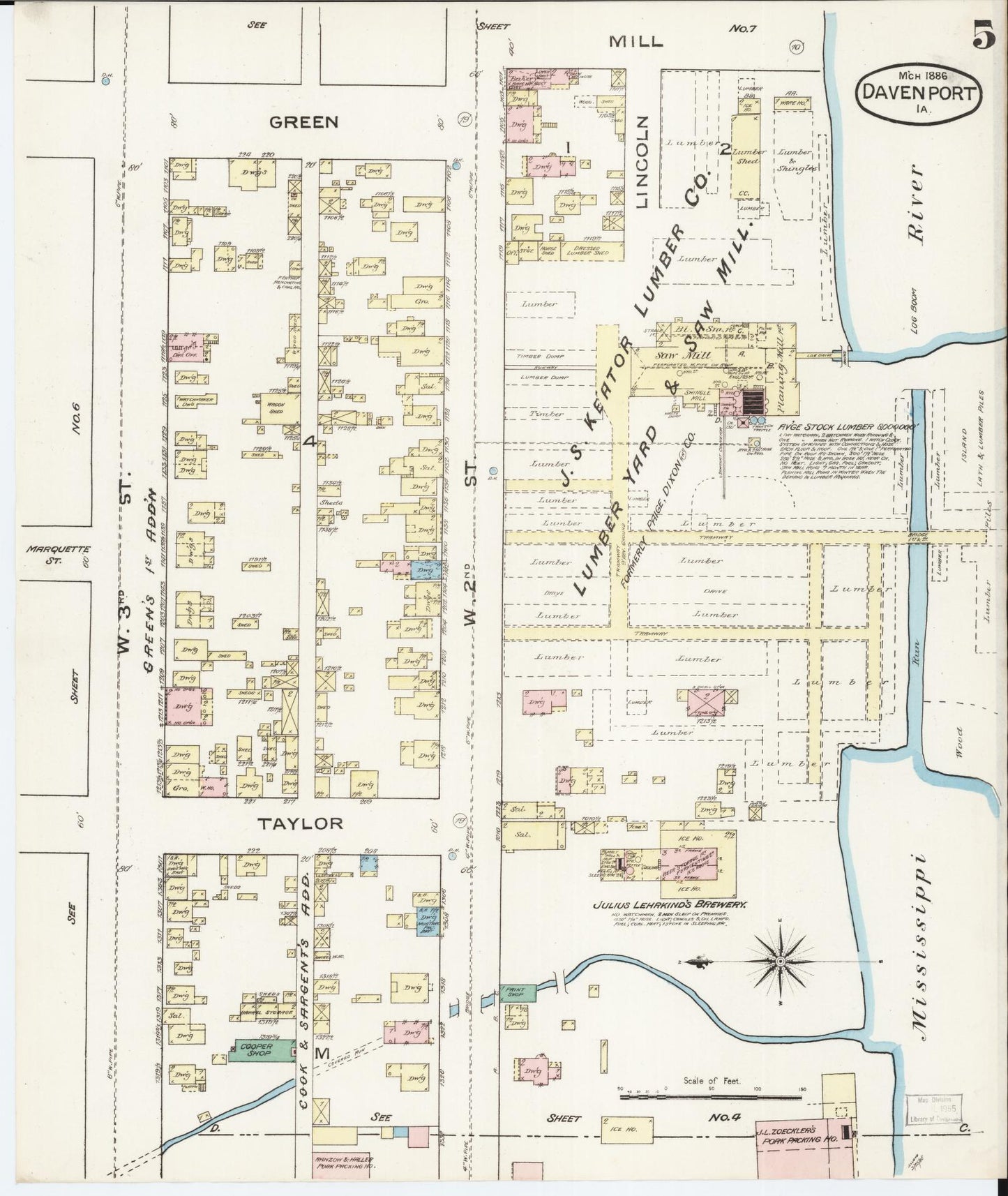 Sanborn Fire Insurance Map from Davenport, Scott County, Iowa (1886), Sheet #0005 - Historic Sanborn Fire Insurance Map Print, vintage old map wall art