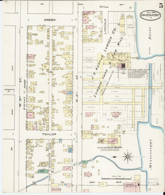 Sanborn Fire Insurance Map from Davenport, Scott County, Iowa (1886), Sheet #0005 - Historic Sanborn Fire Insurance Map Print, vintage old map wall art