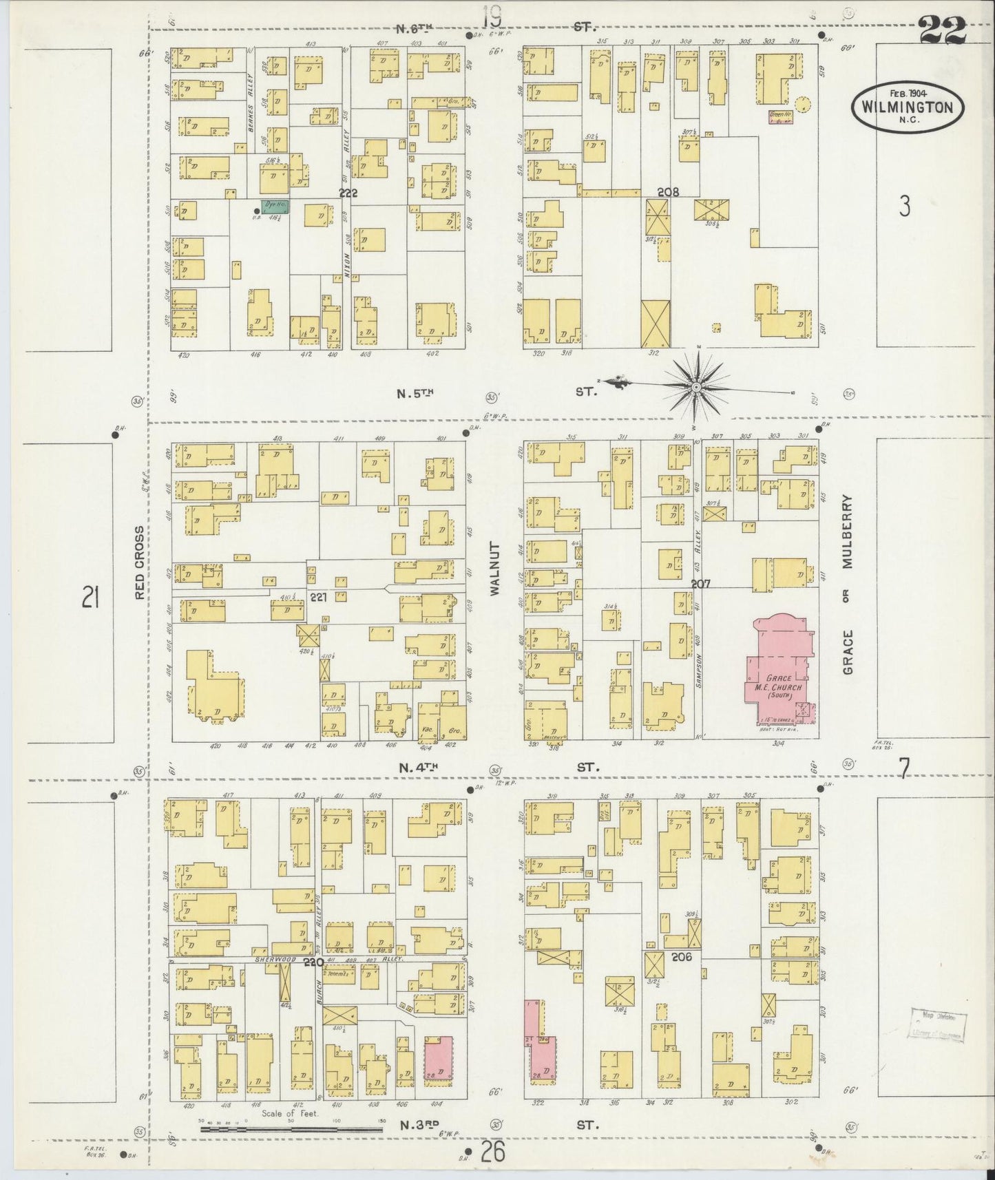 Sanborn Fire Insurance Map from Wilmington, New Hanover County, North Carolina (1904), Sheet #0022 - Historic Sanborn Fire Insurance Map Print, vintage old map wall art, antique decor, genealogy gift, North Carolina North Carolina map