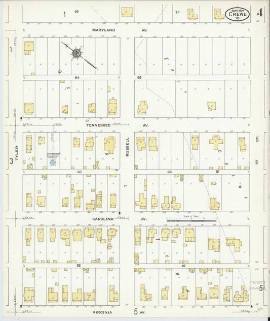 Sanborn Fire Insurance Map from Crewe, Nottoway County, Virginia (1909), Sheet #0004 - Historic Sanborn Fire Insurance Map Print, vintage old map wall art, antique decor, genealogy gift, Virginia Virginia map