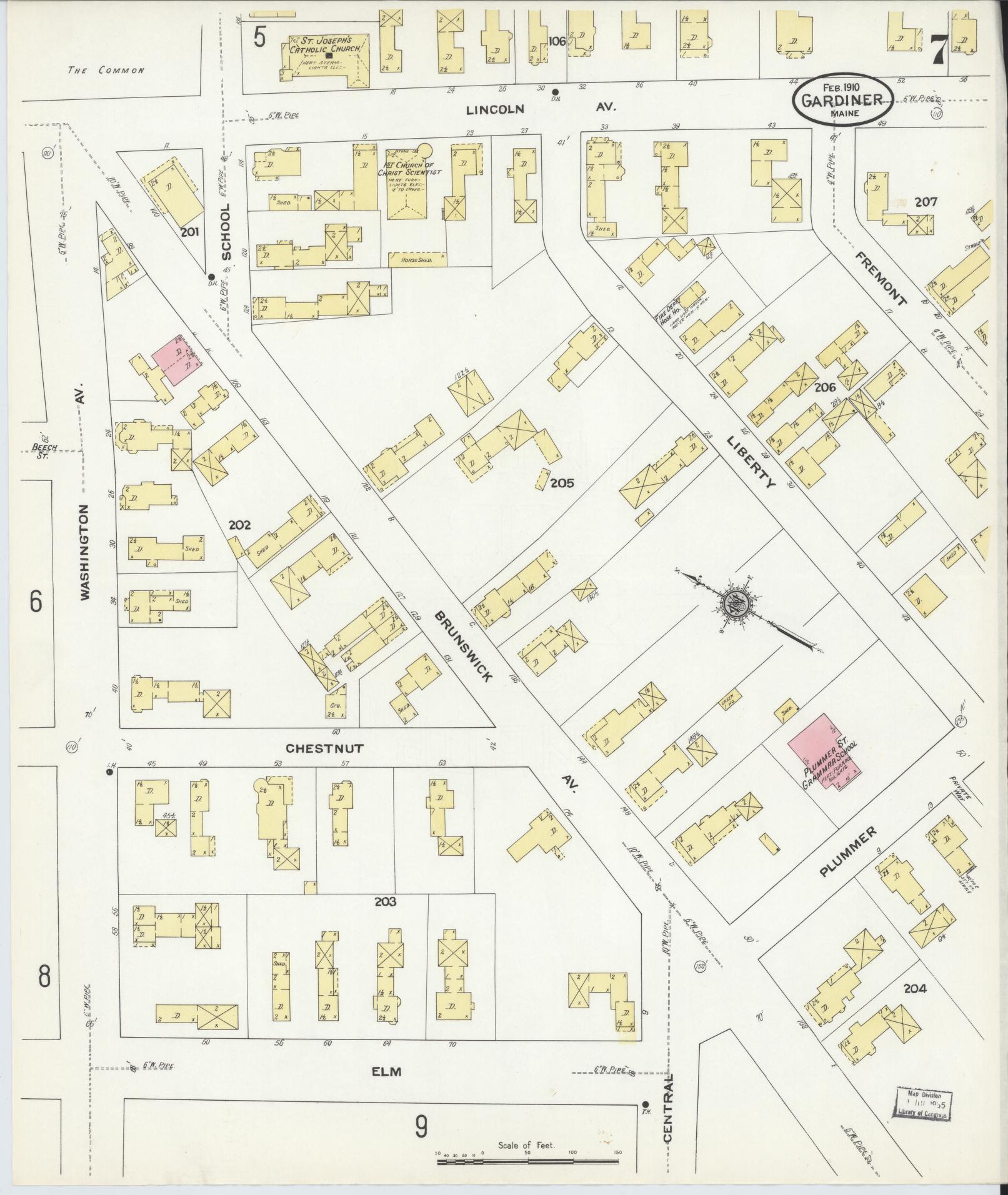 Sanborn Fire Insurance Map from Gardiner, Kennebec County, Maine (1910), Sheet #0007 - Historic Sanborn Fire Insurance Map Print, vintage old map wall art, antique decor, genealogy gift, Maine Maine map