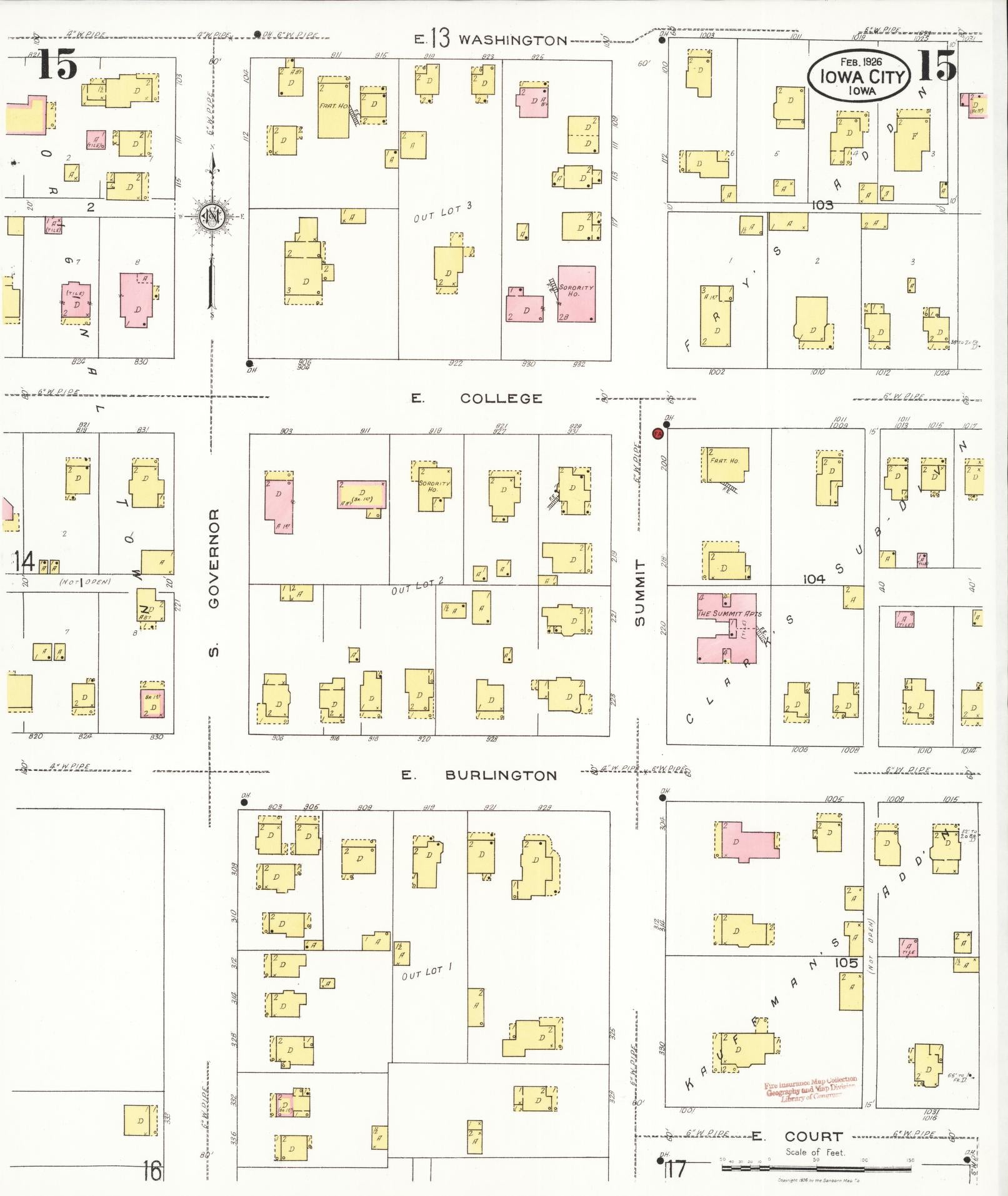 Sanborn Fire Insurance Map from Iowa City, Johnson County, Iowa (1926), Sheet #0015 - Historic Sanborn Fire Insurance Map Print, vintage old map wall art