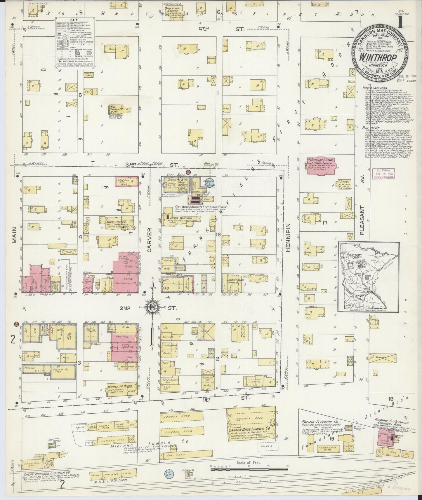 Sanborn Fire Insurance Map from Winthrop, Sibley County, Minnesota (1913), Sheet #0001 - Complete Map Set gallery image, historic Sanborn map, vintage wall art, Minnesota Minnesota