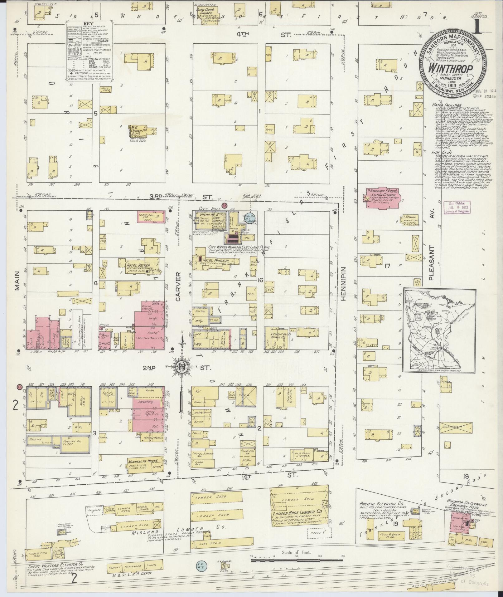 Sanborn Fire Insurance Map from Winthrop, Sibley County, Minnesota (1913), Sheet #0001 - Complete Map Set gallery image, historic Sanborn map, vintage wall art, Minnesota Minnesota
