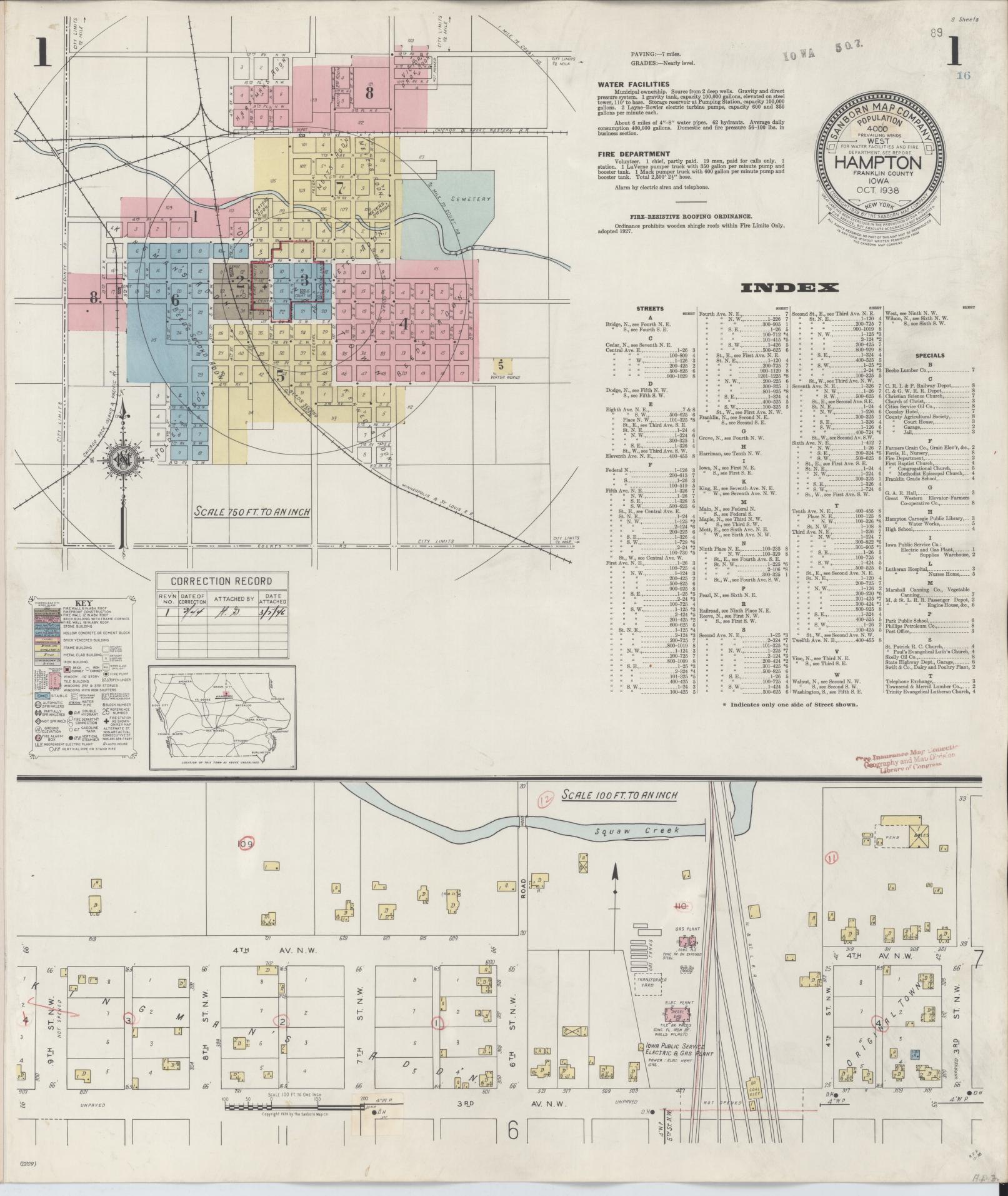 Sanborn Fire Insurance Map from Hampton, Franklin County, Iowa (1944), Sheet #0001 - Historic Sanborn Fire Insurance Map Print, vintage old map wall art