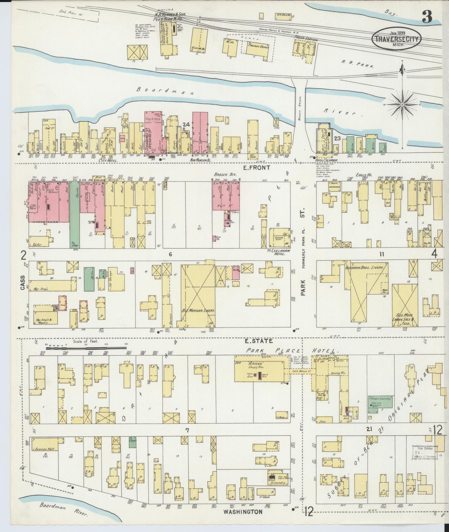 Sanborn Fire Insurance Map from Traverse City, Grand Traverse County, Michigan (1899), Sheet #0003 - Historic Sanborn Fire Insurance Map Print, vintage old map wall art, antique decor, genealogy gift, Michigan Michigan map