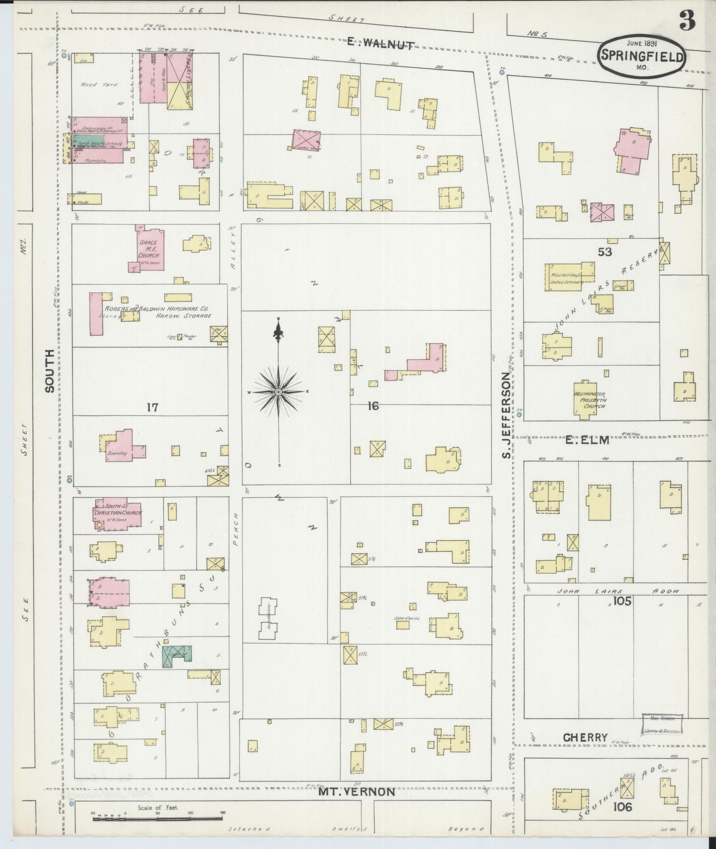 Sanborn Fire Insurance Map from Springfield, Greene County, Missouri (1891), Sheet #0003 - Complete Map Set gallery image, historic Sanborn map, vintage wall art, Missouri Missouri