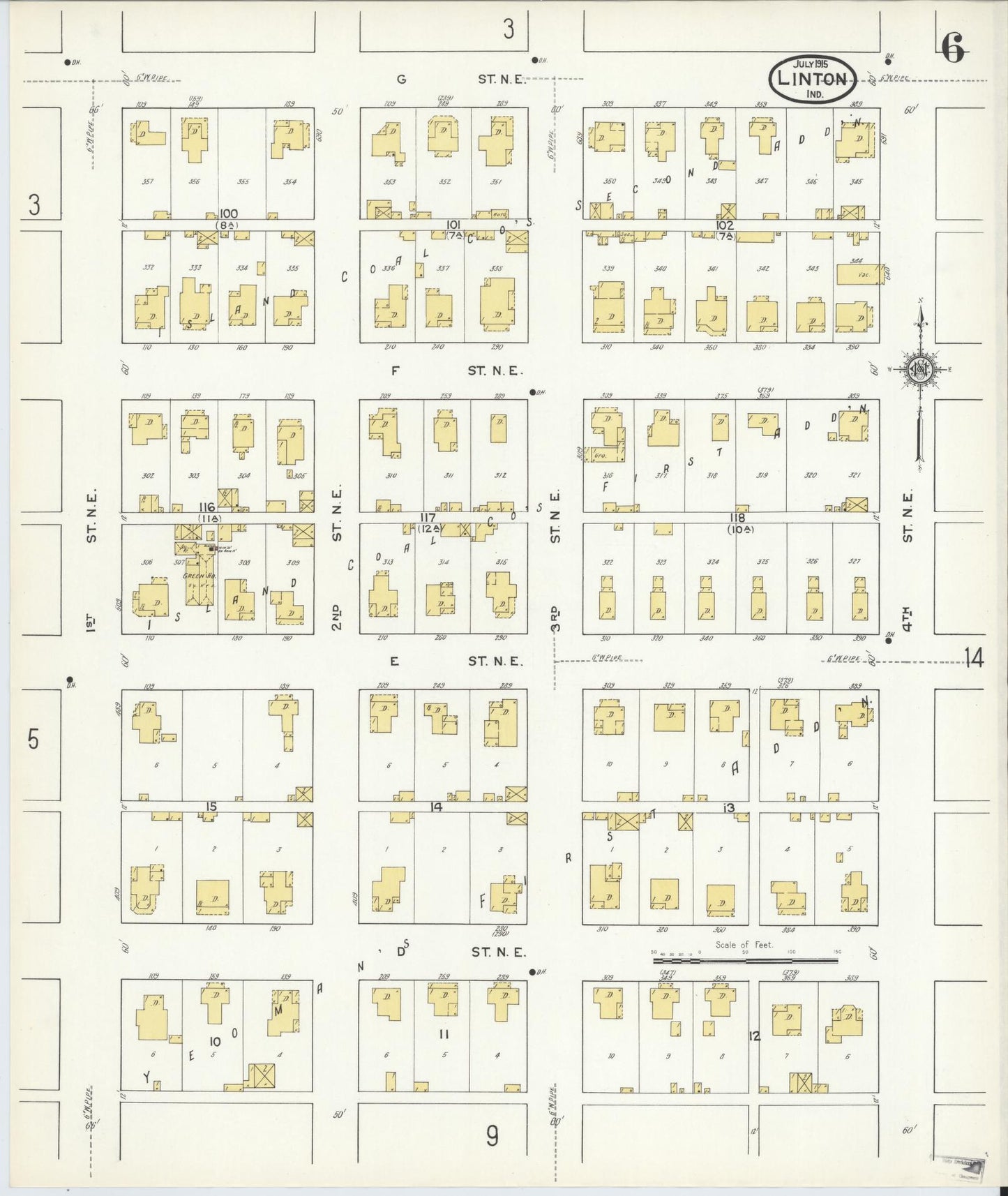 Sanborn Fire Insurance Map from Linton, Greene County, Indiana (1915), Sheet #0006 - Complete Map Set gallery image, historic Sanborn map, vintage wall art, Indiana Indiana