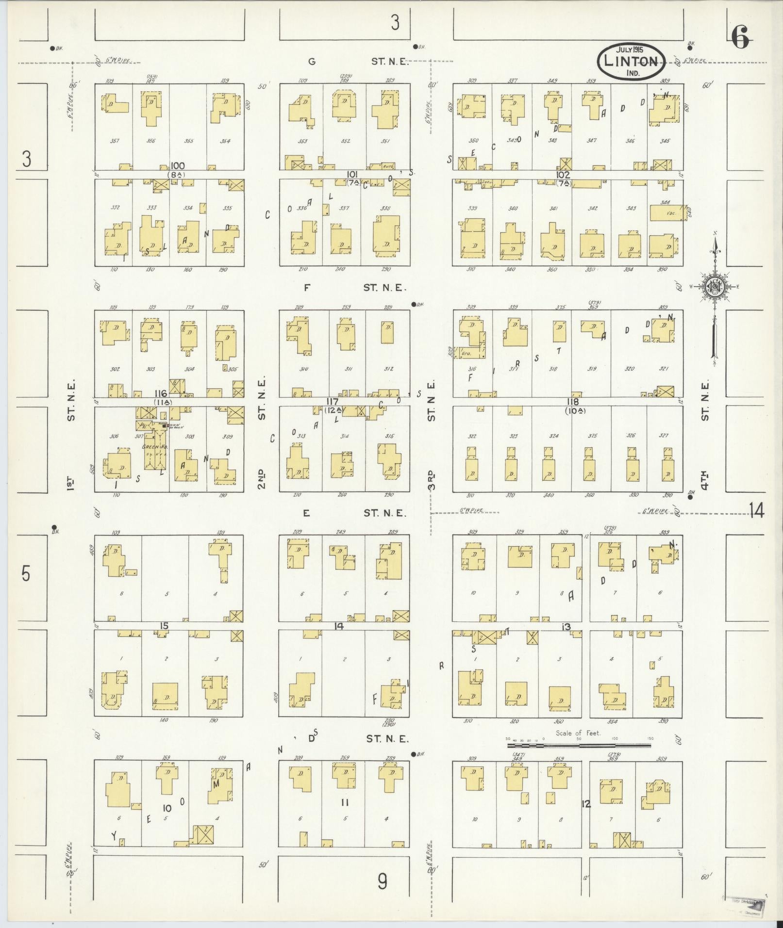 Sanborn Fire Insurance Map from Linton, Greene County, Indiana (1915), Sheet #0006 - Complete Map Set gallery image, historic Sanborn map, vintage wall art, Indiana Indiana