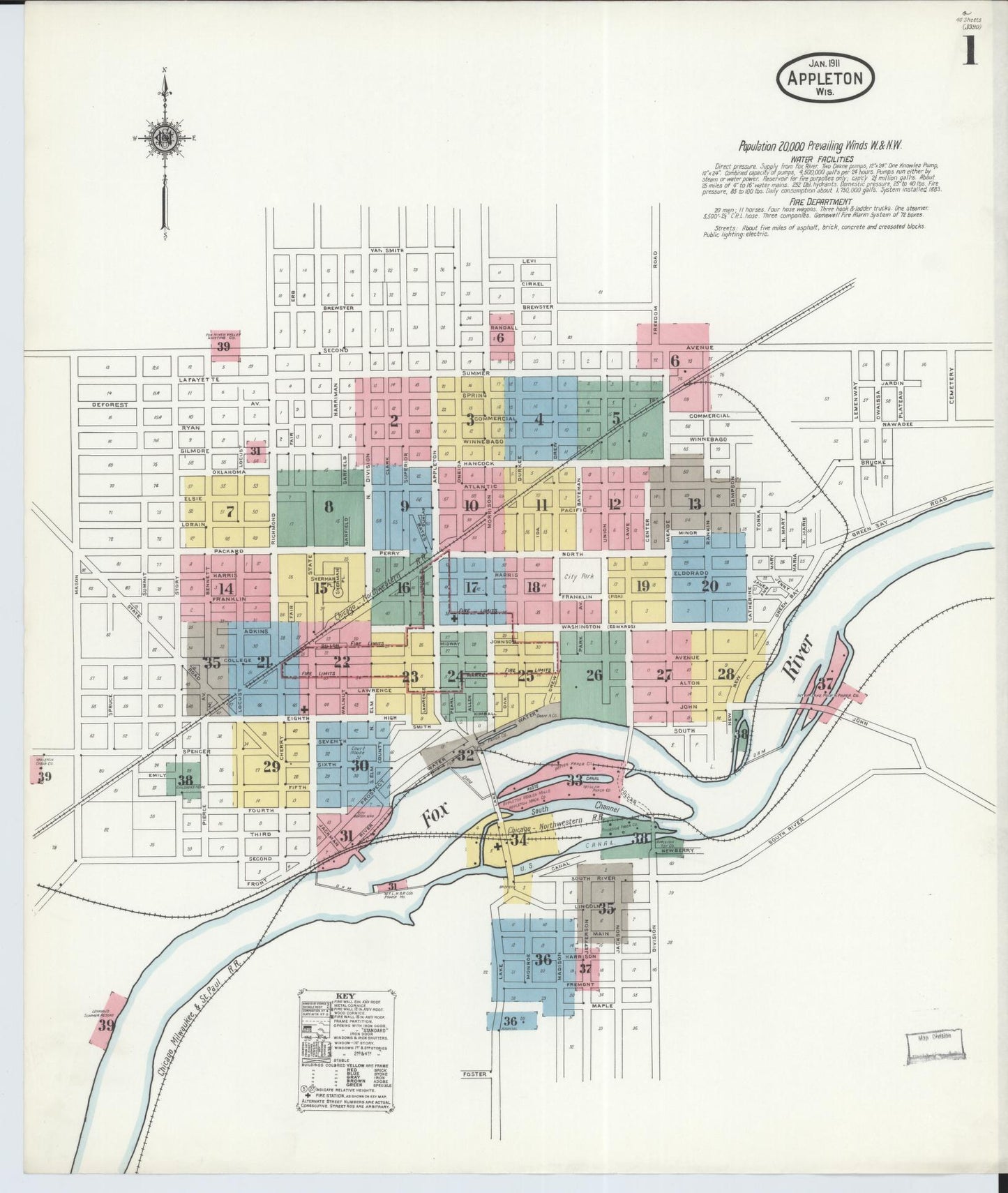 Sanborn Fire Insurance Map from Appleton, Outagamie County, Wisconsin (1911), Sheet #0001 - Historic Sanborn Fire Insurance Map Print, vintage old map wall art, antique decor, genealogy gift, Wisconsin Wisconsin map