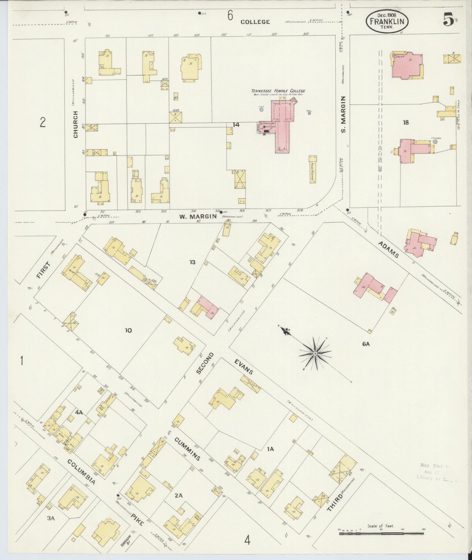 Sanborn Fire Insurance Map from Franklin, Williamson County, Tennessee (1908), Sheet #0005 - Historic Sanborn Fire Insurance Map Print, vintage old map wall art, antique decor, genealogy gift, Tennessee Tennessee map