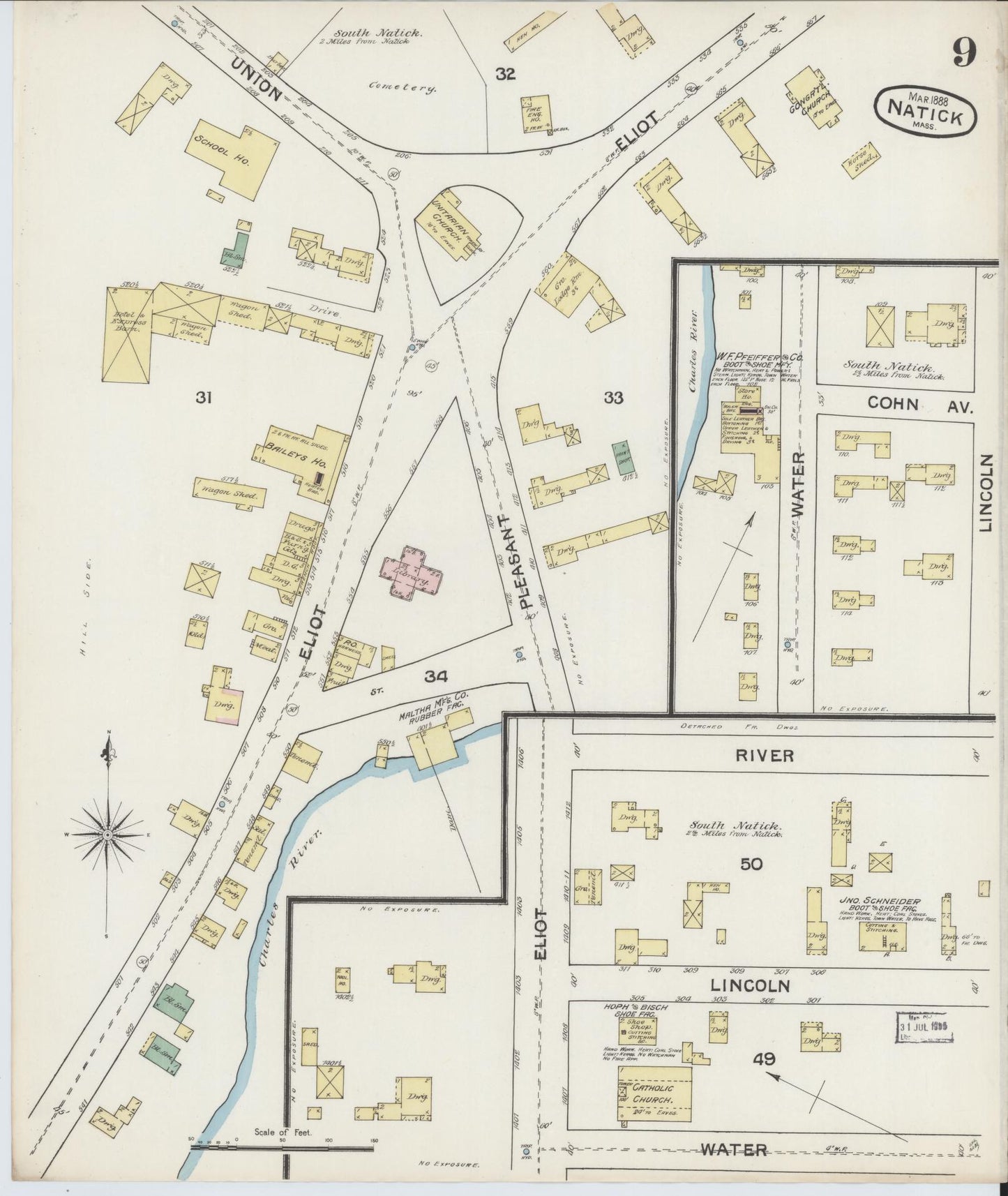 Sanborn Fire Insurance Map from Natick, Middlesex County, Massachusetts (1888), Sheet #0009 - Complete Map Set gallery image, historic Sanborn map, vintage wall art, Massachusetts Massachusetts