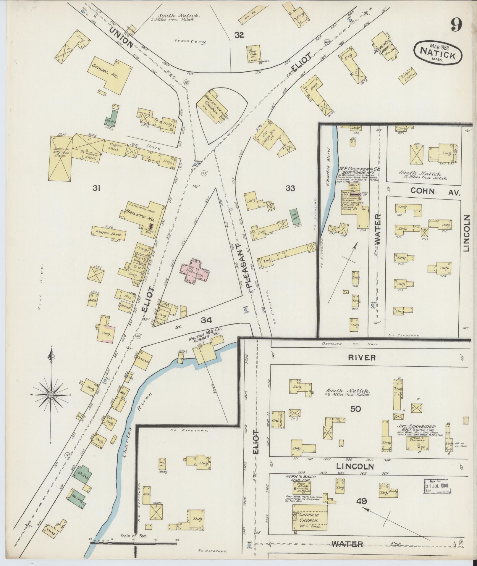 Sanborn Fire Insurance Map from Natick, Middlesex County, Massachusetts (1888), Sheet #0009 - Complete Map Set gallery image, historic Sanborn map, vintage wall art, Massachusetts Massachusetts