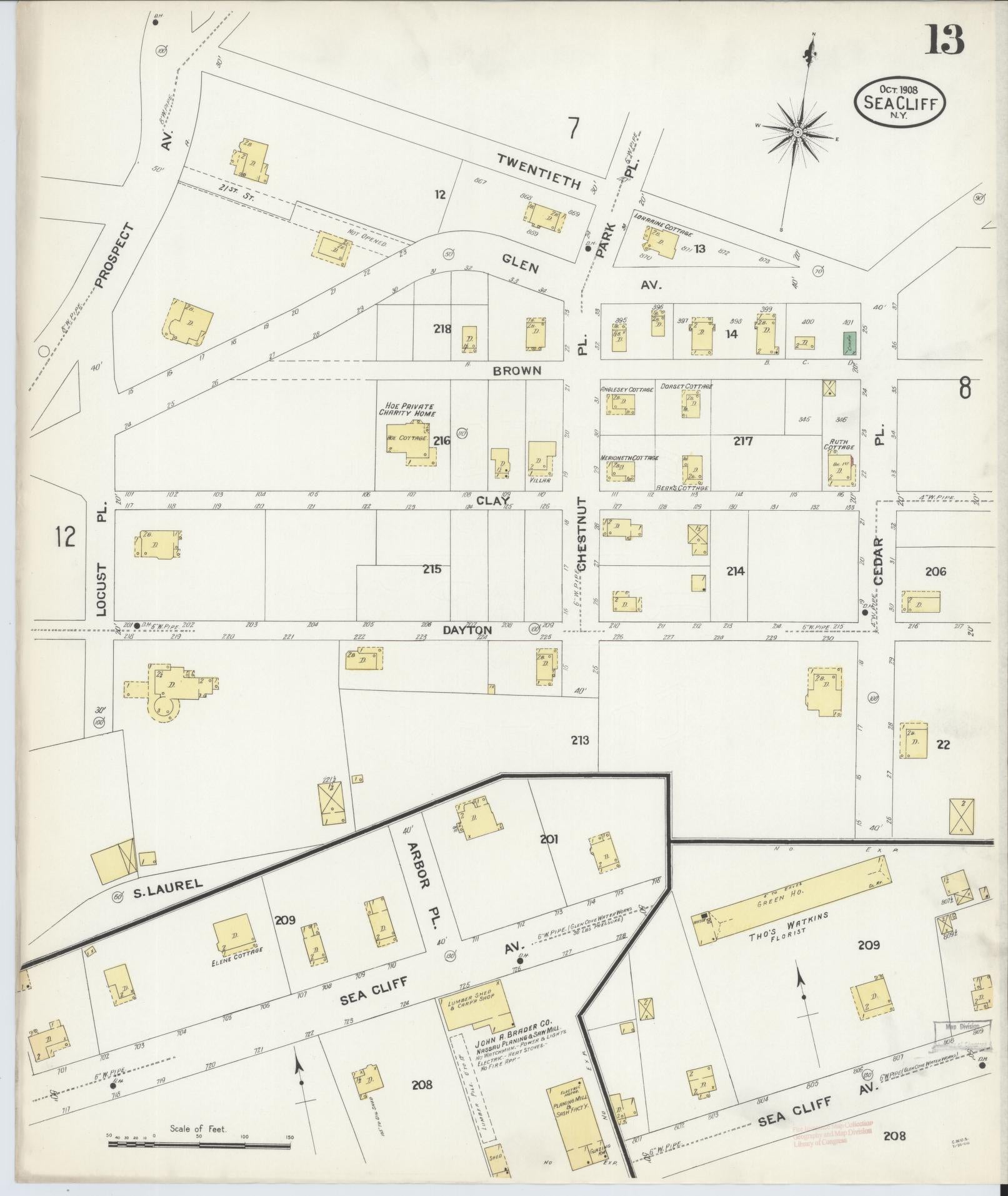 Sanborn Fire Insurance Map from Sea Cliff, Nassau County, New York (1908), Sheet #0013 - Complete Map Set gallery image, historic Sanborn map, vintage wall art, New York New York
