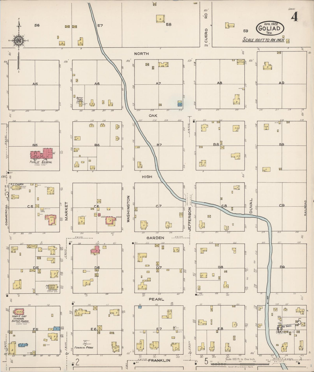 Sanborn Fire Insurance Map from Goliad, Goliad County, Texas (1922), Sheet #0004 - Complete Map Set gallery image, historic Sanborn map, vintage wall art, Texas Texas