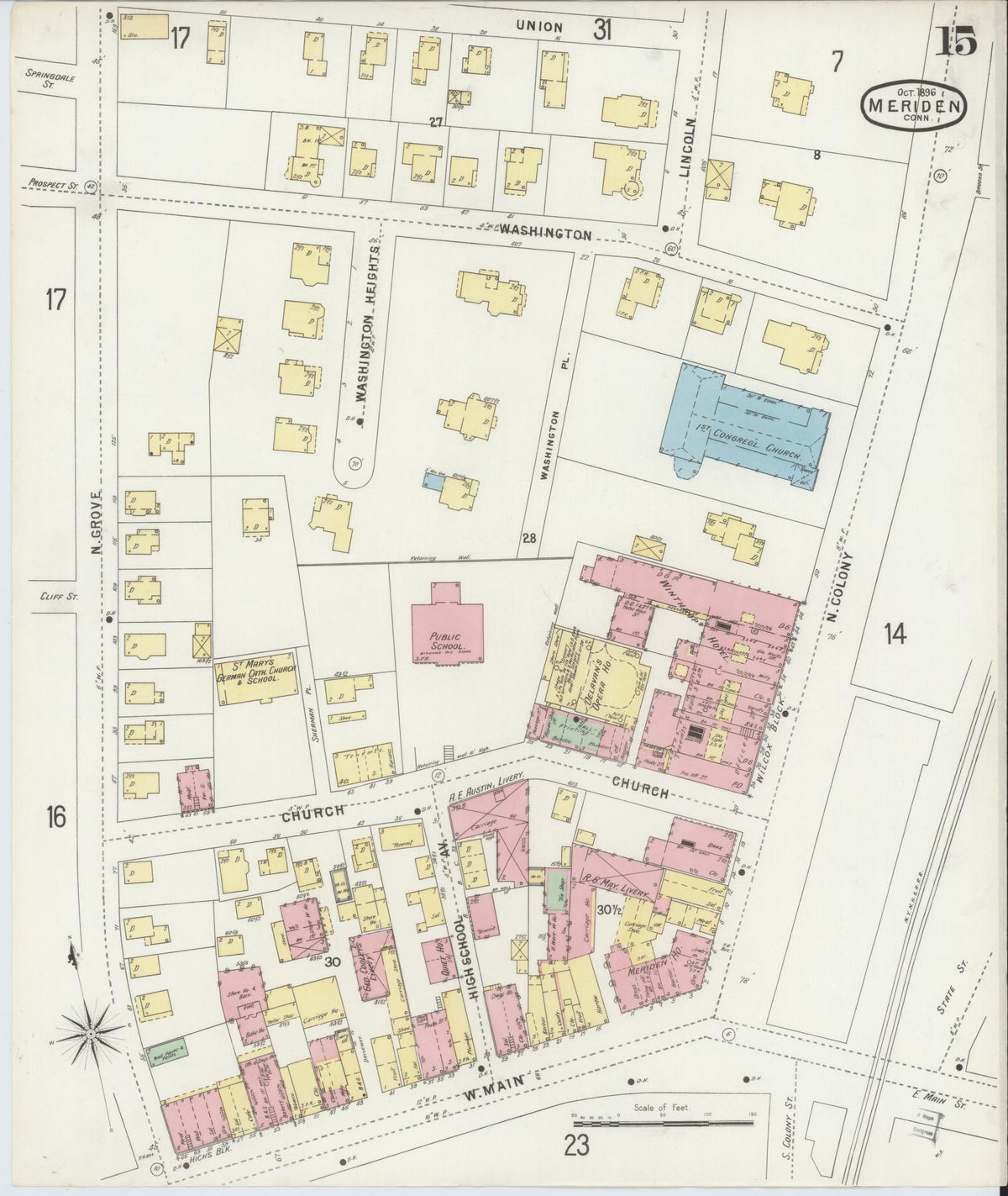 Sanborn Fire Insurance Map from Meriden, New Haven County, Connecticut (1896), Sheet #0015 - Historic Sanborn Fire Insurance Map Print, vintage old map wall art, antique decor, genealogy gift, Connecticut Connecticut map