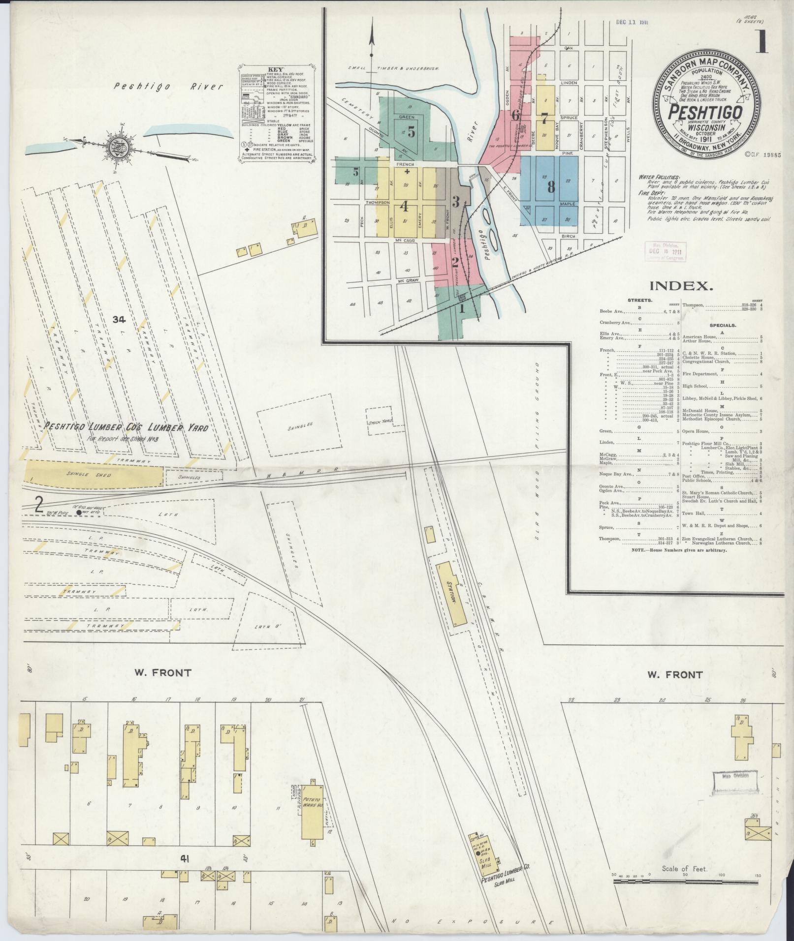 Sanborn Fire Insurance Map from Peshtigo, Marinette County, Wisconsin (1911), Sheet #0001 - Complete Map Set gallery image, historic Sanborn map, vintage wall art, Wisconsin Wisconsin