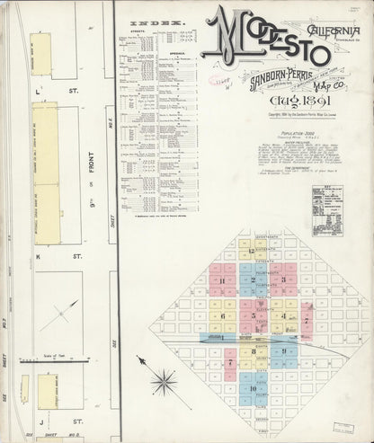 Sanborn Fire Insurance Map from Modesto, Stanislaus County, California (1891), Sheet #0001 - Complete Map Set gallery image, historic Sanborn map, vintage wall art, California California