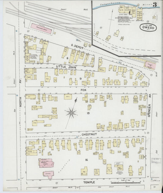 Sanborn Fire Insurance Map from Owego, Tioga County, New York (1888), Sheet #0003 - Historic Sanborn Fire Insurance Map Print, vintage old map wall art, antique decor, genealogy gift, New York New York map