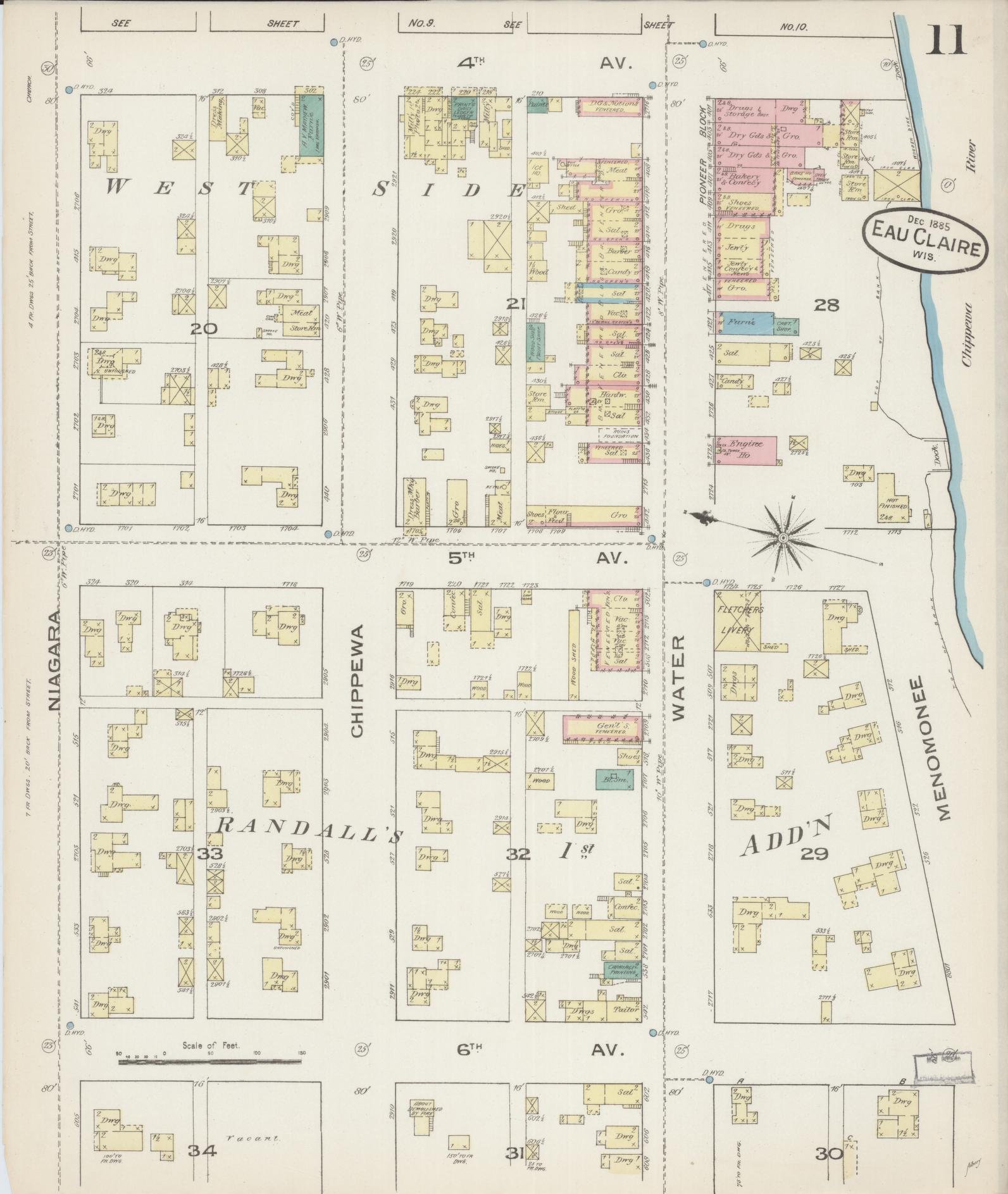 Sanborn Fire Insurance Map from Eau Claire, Eau Claire County, Wisconsin (1885), Sheet #0011 - Historic Sanborn Fire Insurance Map Print, vintage old map wall art, antique decor, genealogy gift, Wisconsin Wisconsin map