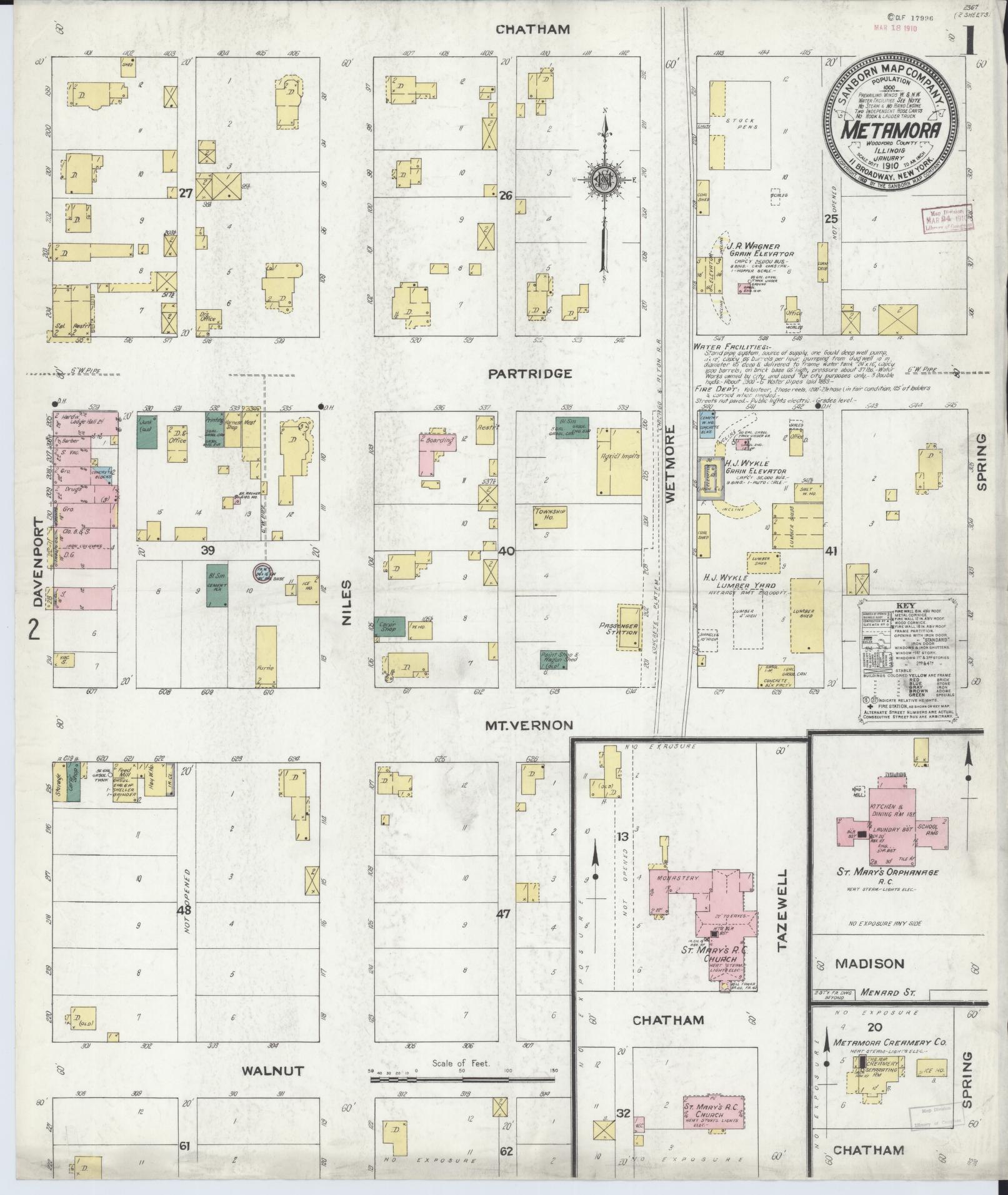 Sanborn Fire Insurance Map from Metamora, Woodford County, Illinois (1910), Sheet #0001 - Complete Map Set gallery image, historic Sanborn map, vintage wall art, Illinois Illinois