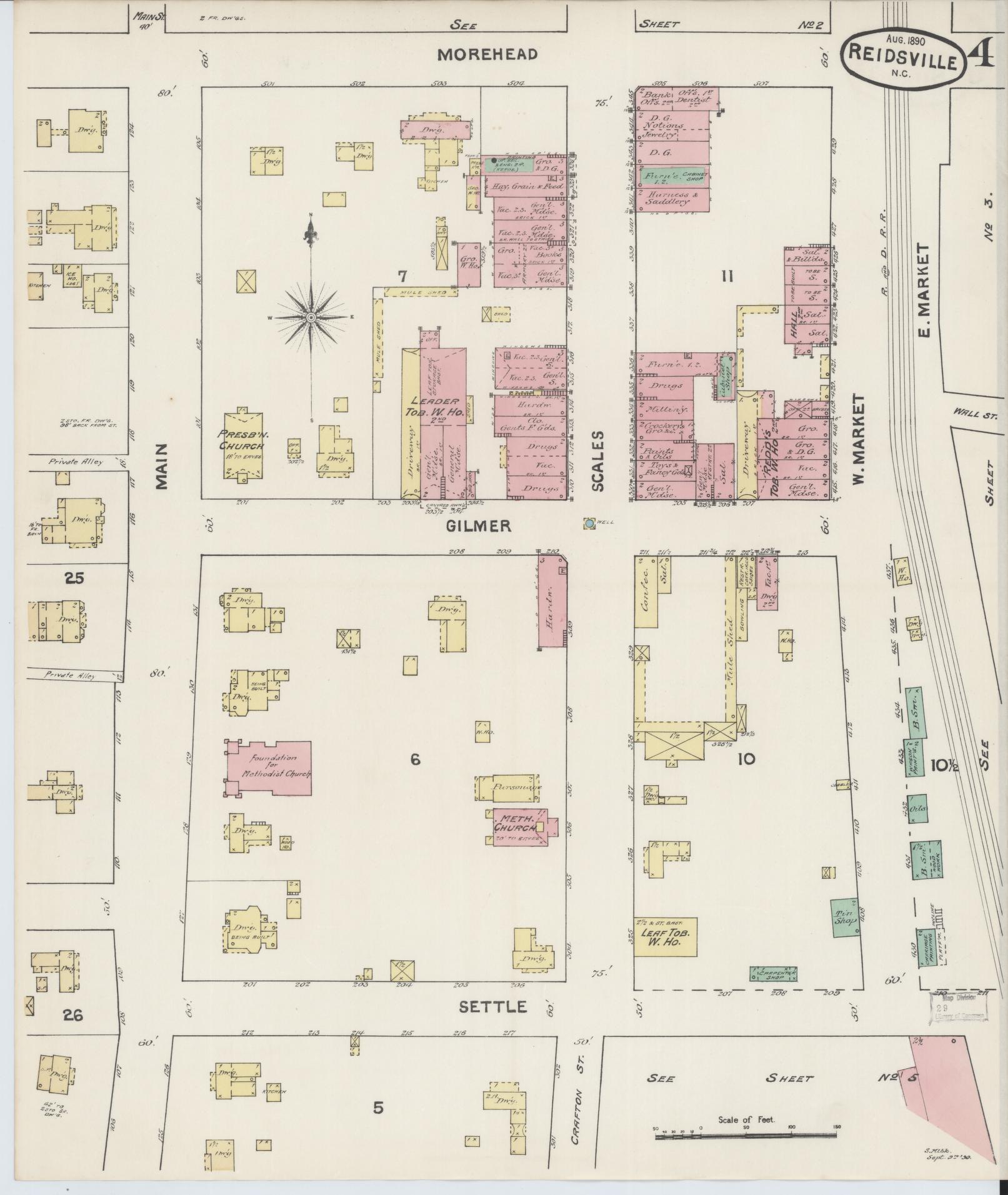 Sanborn Fire Insurance Map from Reidsville, Rockingham County, North Carolina (1890), Sheet #0004 - Historic Sanborn Fire Insurance Map Print, vintage old map wall art, antique decor, genealogy gift, North Carolina North Carolina map