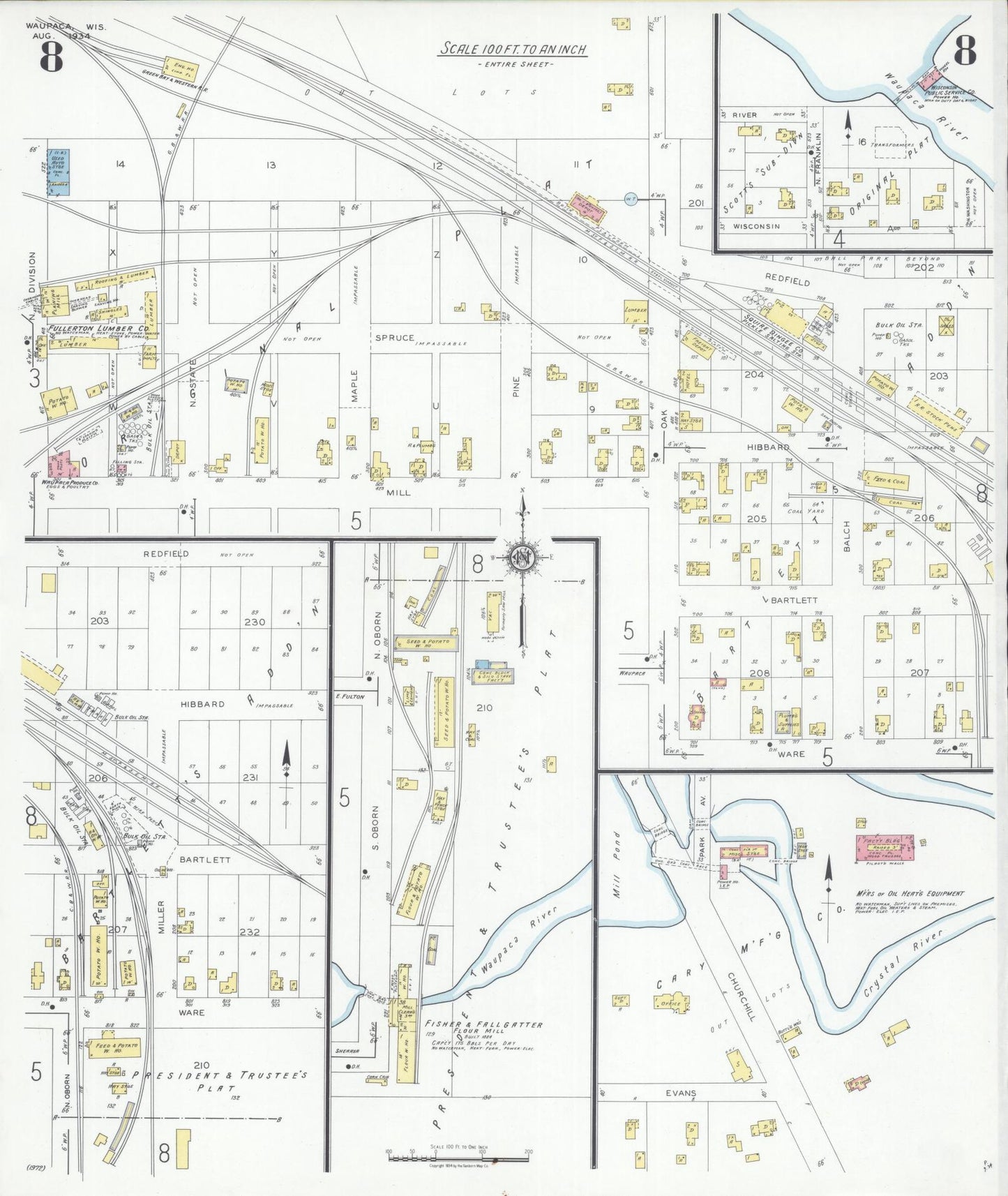 Sanborn Fire Insurance Map from Waupaca, Waupaca County, Wisconsin (1934), Sheet #0008 - Historic Sanborn Fire Insurance Map Print, vintage old map wall art, antique decor, genealogy gift, Wisconsin Wisconsin map
