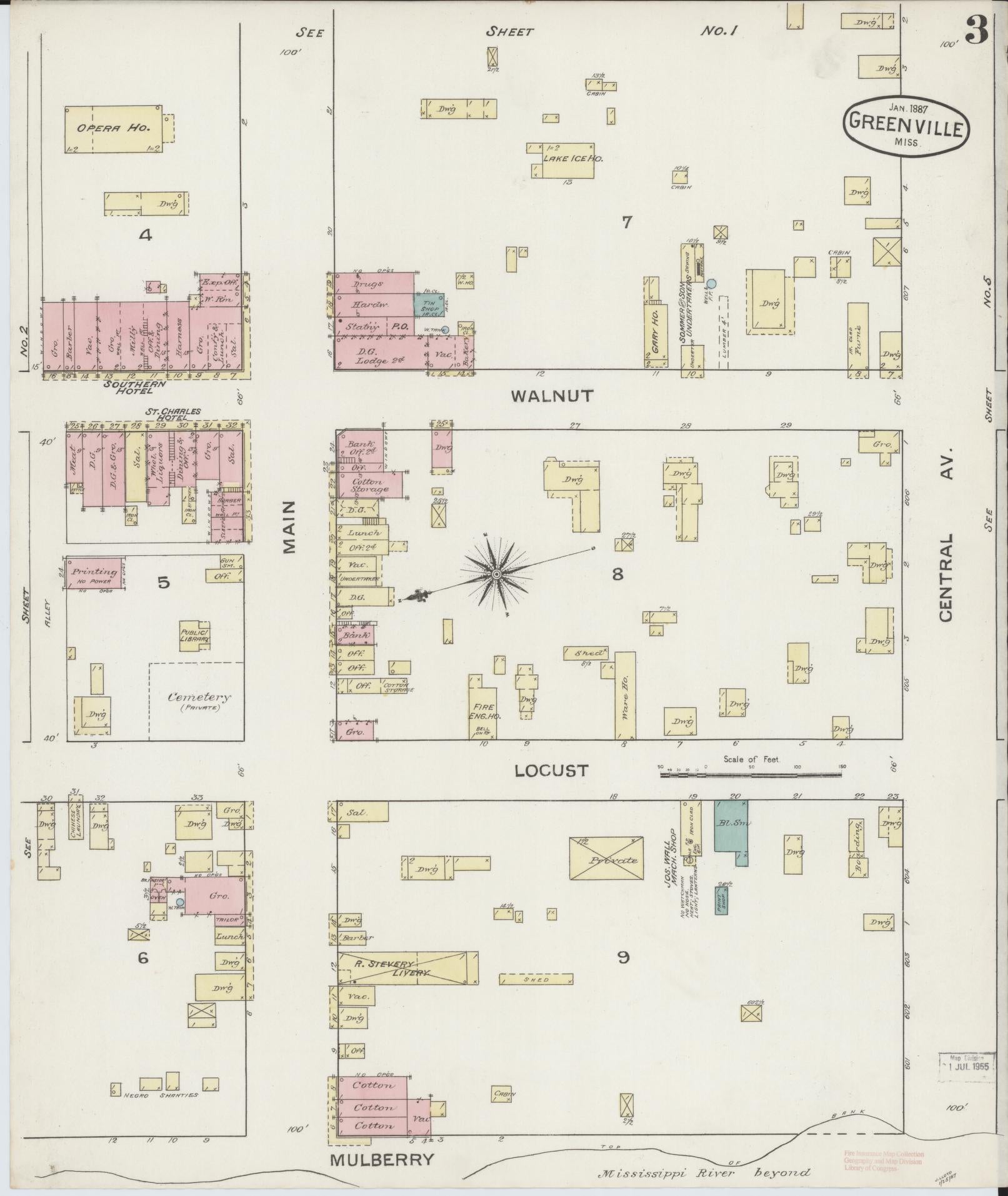 Sanborn Fire Insurance Map from Greenville, Washington County, Mississippi (1887), Sheet #0003 - Historic Sanborn Fire Insurance Map Print, vintage old map wall art, antique decor, genealogy gift, Mississippi Mississippi map