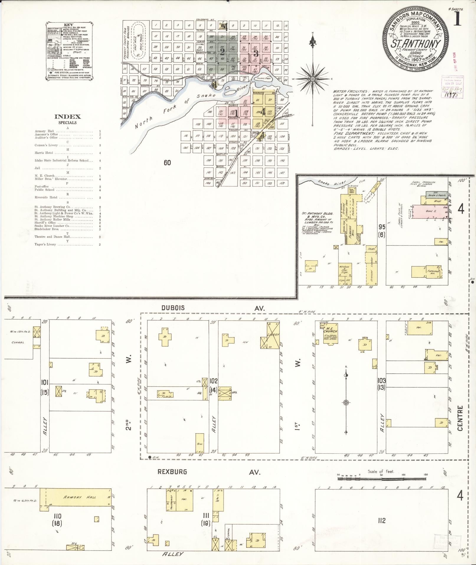 Sanborn Fire Insurance Map from Saint Anthony, Fremont County, Idaho (1907), Sheet #0001 - Historic Sanborn Fire Insurance Map Print, vintage old map wall art, antique decor, genealogy gift, Idaho Idaho map