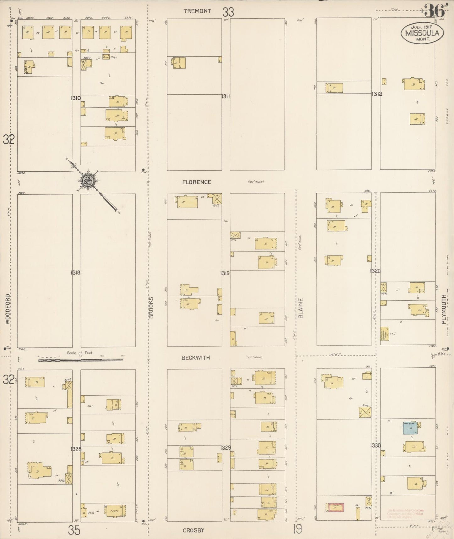 Sanborn Fire Insurance Map from Missoula, Missoula County, Montana (1912), Sheet #0036 - Historic Sanborn Fire Insurance Map Print, vintage old map wall art, antique decor, genealogy gift, Montana Montana map