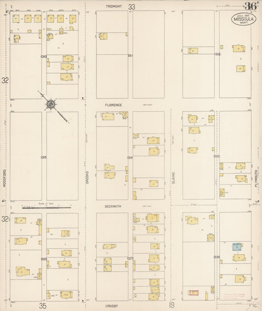 Sanborn Fire Insurance Map from Missoula, Missoula County, Montana (1912), Sheet #0036 - Historic Sanborn Fire Insurance Map Print, vintage old map wall art, antique decor, genealogy gift, Montana Montana map